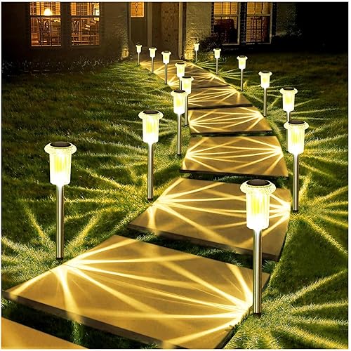 DenicMic Solar Lights Outdoor 10 Pack Waterproof 3000K Warm White LED Acrylic lamp Head Stainless Steel Stake for Landscape Lighting Path Walkway Sidewalk Backyard Patio Christmas Decor