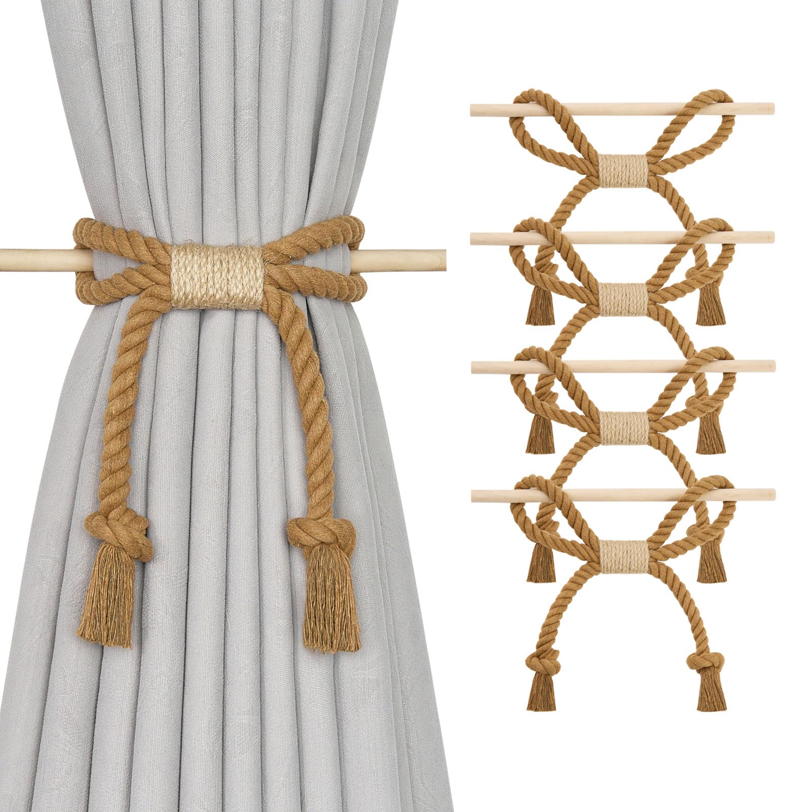 Pretty Jolly 4 Pack Natural Cotton Rope Curtain Tiebacks Boho Rustic Style Decorative Drape Tie Backs Farmhouse Hand-Woven Curtain Holdbacks with Wood Club for Home Office Drapery (Cotton knot-Khaki)