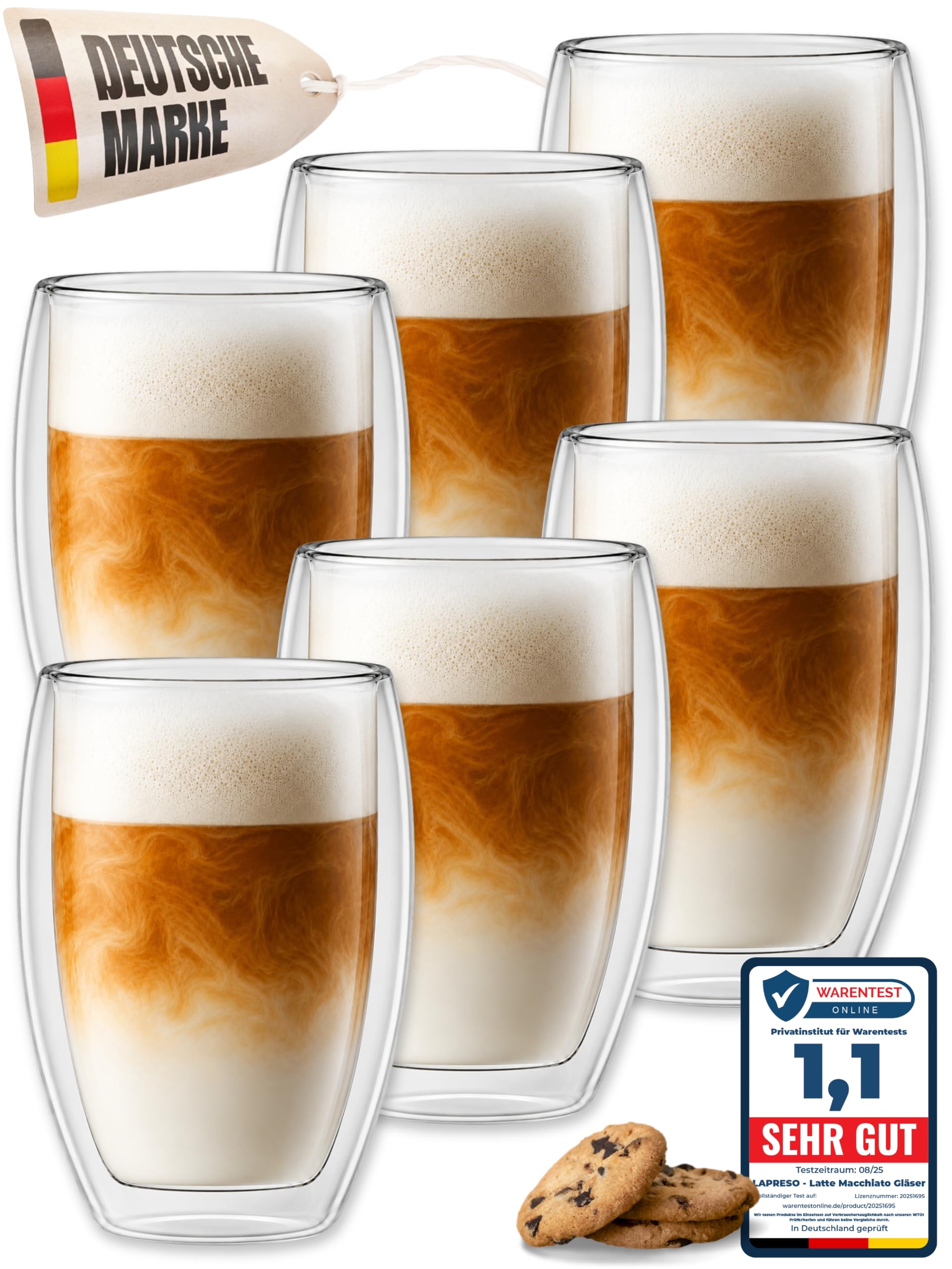 LAPRESO® Latte Macchiato Gläser doppelwandig 6er Set 450ml - Doppelwandige Gläser modernes Design Cappuccino Tassen Teegläser aus Borosilikatglas