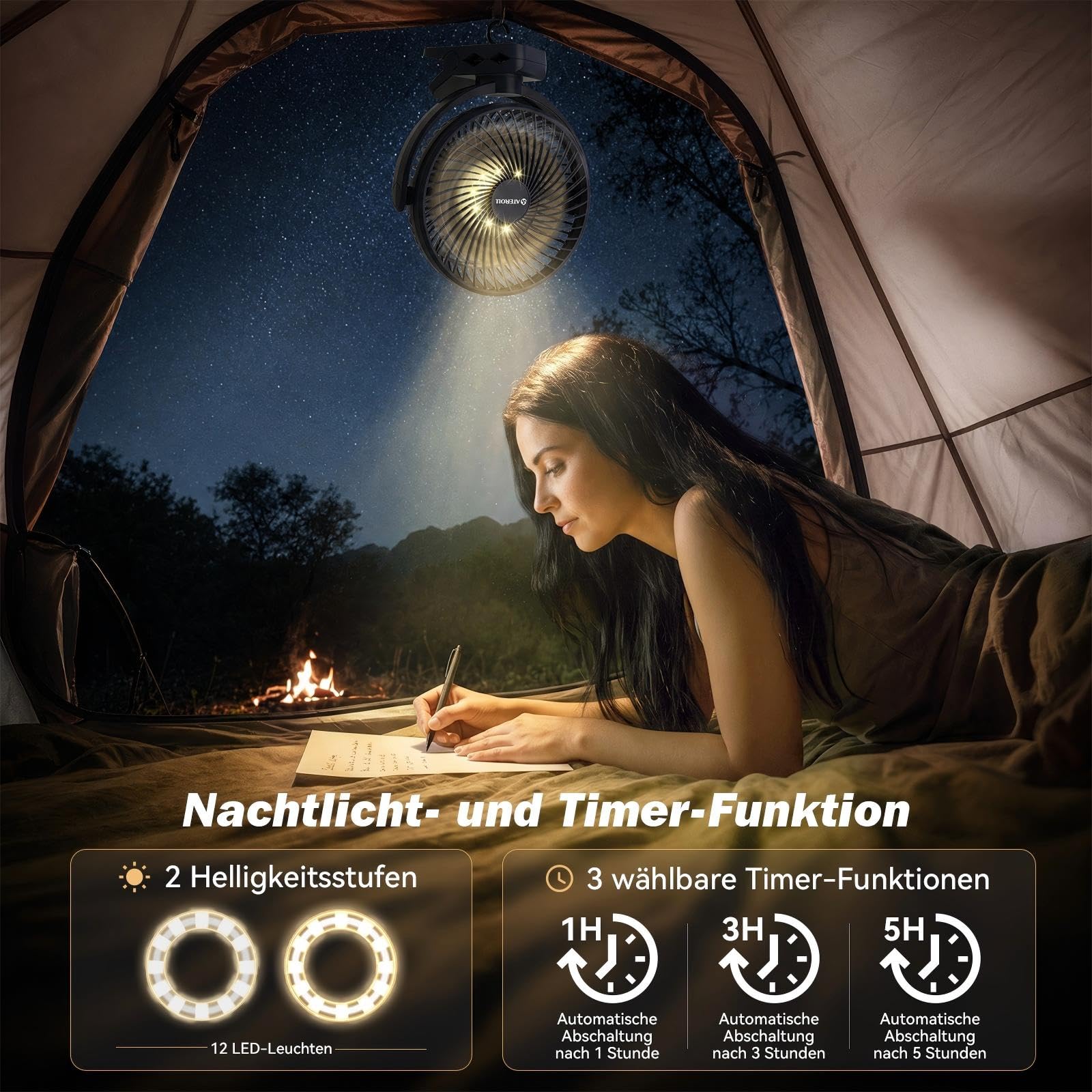 Ateroll 10000mAh Clip Ventilator mit Fernbedienung, 20CM 3 Geschwindigkeiten USB Akku Timer LED 360° drehbar Tischventilator