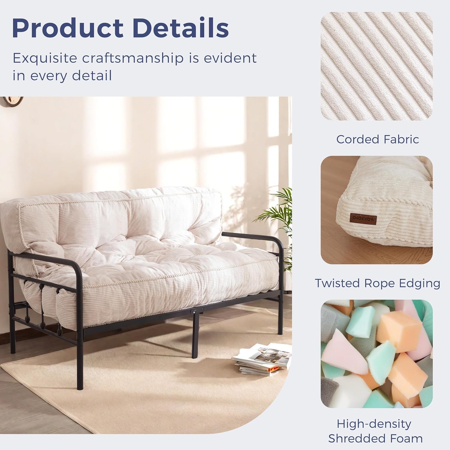 MAXYOYO 8" Futon Mattress Full Size, Ultra Thick Futons Sofa Couch Tufted Sleeper Sofa MAt, Floor Mattress for Adults, Shredded Foam Filling (Frame Not Included), Beige