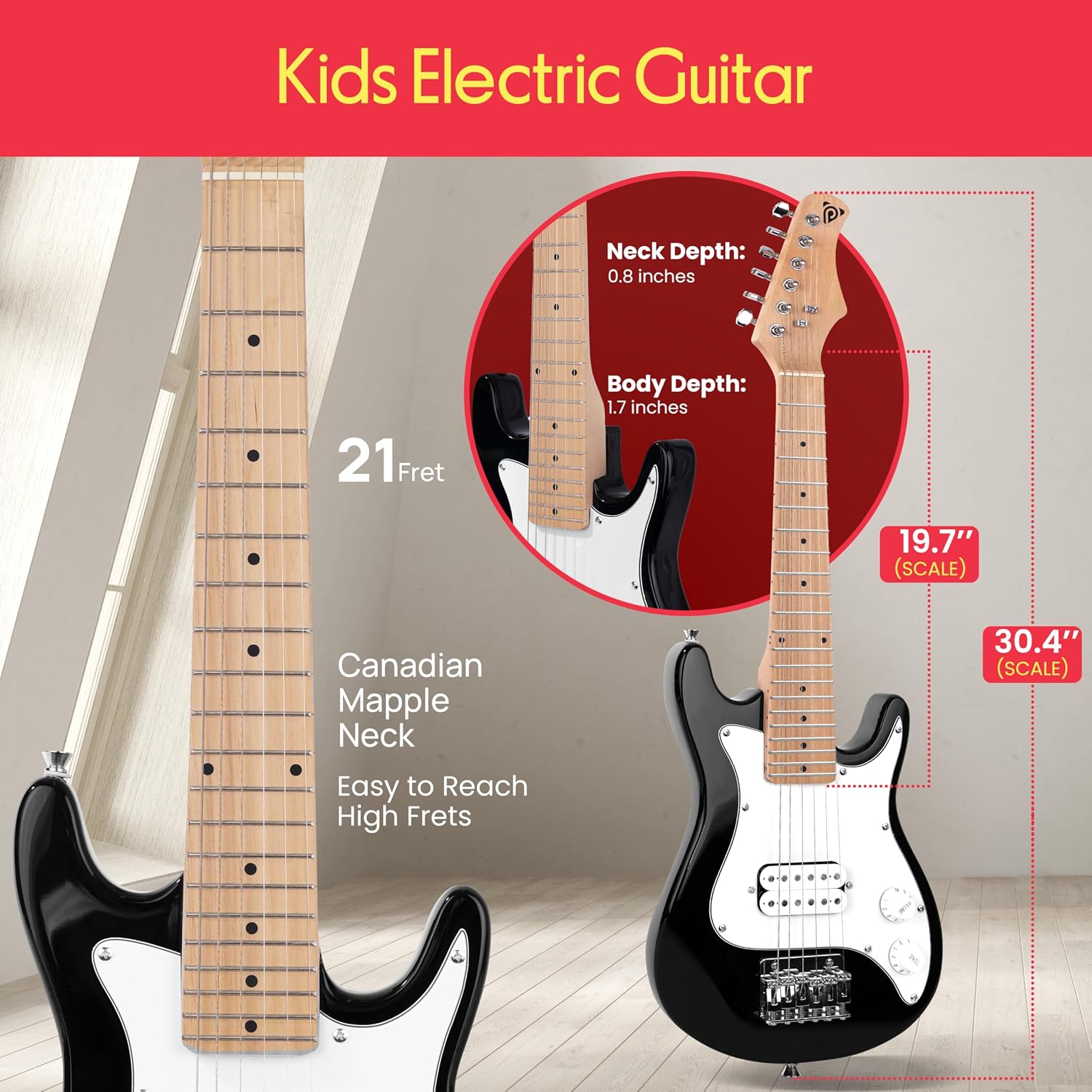 Pyle Gitara elektryczna dla dzieci gitara elektryczna z wzmacniaczem zestaw gitar mały rozmiar - 76 cm świetny prezent świąteczny dla dzieci 2 miesiące darmowych lekcji wzmacniacz 10 W torba na