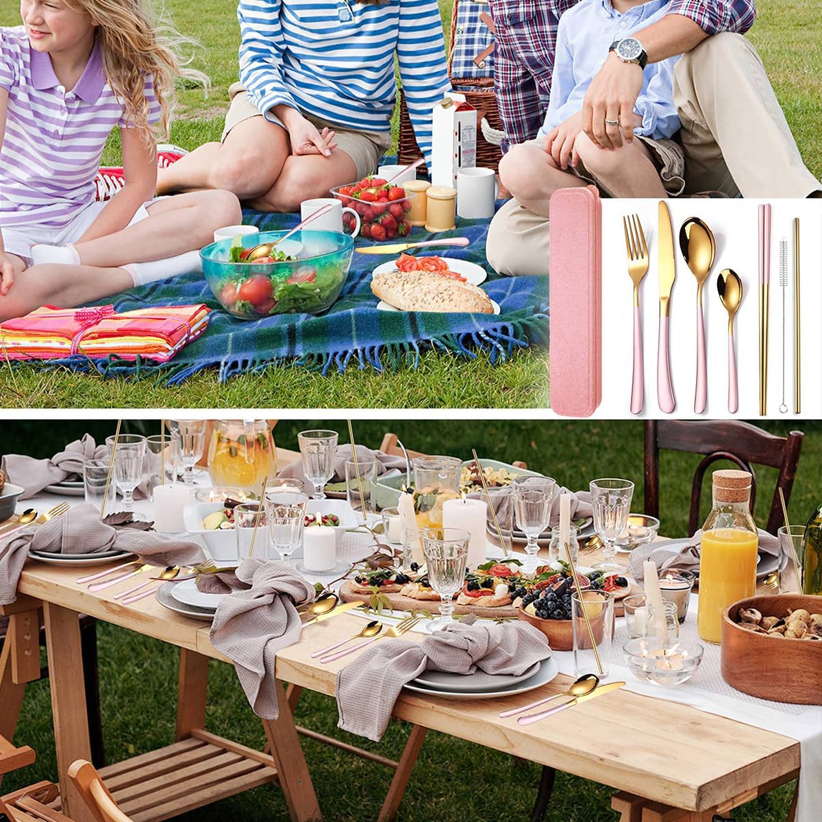  7 Pieces Stainless Steel Flatware Set Portable Reusable Cutlery Set Travel Utensils Set Including Chopsticks Knife Fork Spoon Straws Cleaning Brush Dishwasher Safe (7 Pink Golden) thumbnail