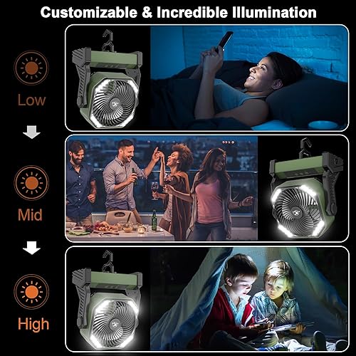 Miniatura 4 de Ventilador de camping con linterna LED ventilador de tienda de campaña recargable de 20000 mAh con batería recargable con luz y gancho pivote de 270