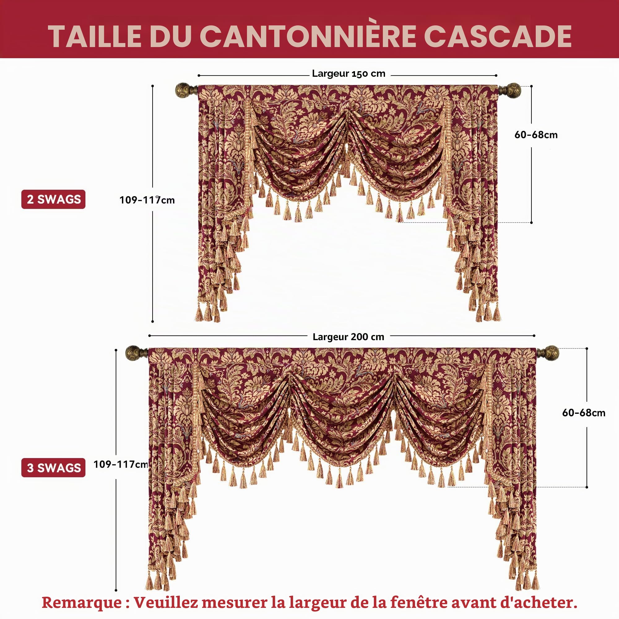 Rideaux Cantonnière Cascade pour Fenêtres, Cantonnière Damassés à Franges, Rideaux Courts pour Chambre Salon Cuisine Café (Largeur 200cm, Rouge & Jaune)