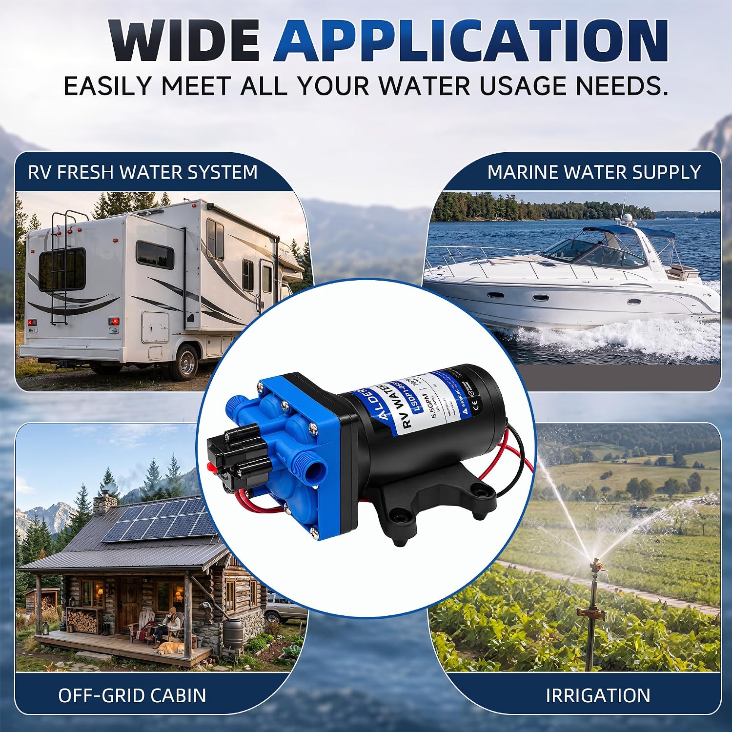 12V RV Water Pump, 5.5 GPM 70 PSI 4-Chamber Diaphragm Fresh Water Pressure Pump with Adjustable Pressure & Bypass Control, High Flow Self Priming On Demand Pump with Strainer for Camper Boat