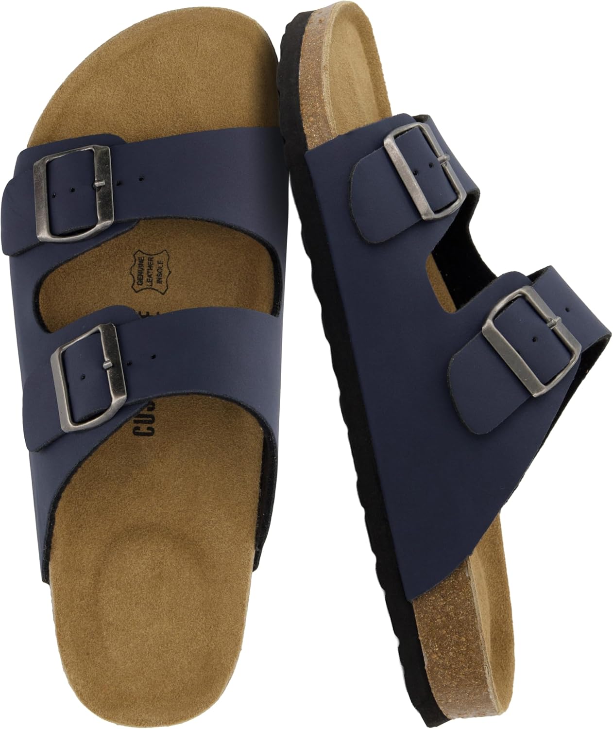 CUSHIONAIRE Lane Cork Footbed Mens Sandals, Adjustable Buckle Comfort Slides for Men, Genuine Leather Insole Summer Sandals Men Footwear