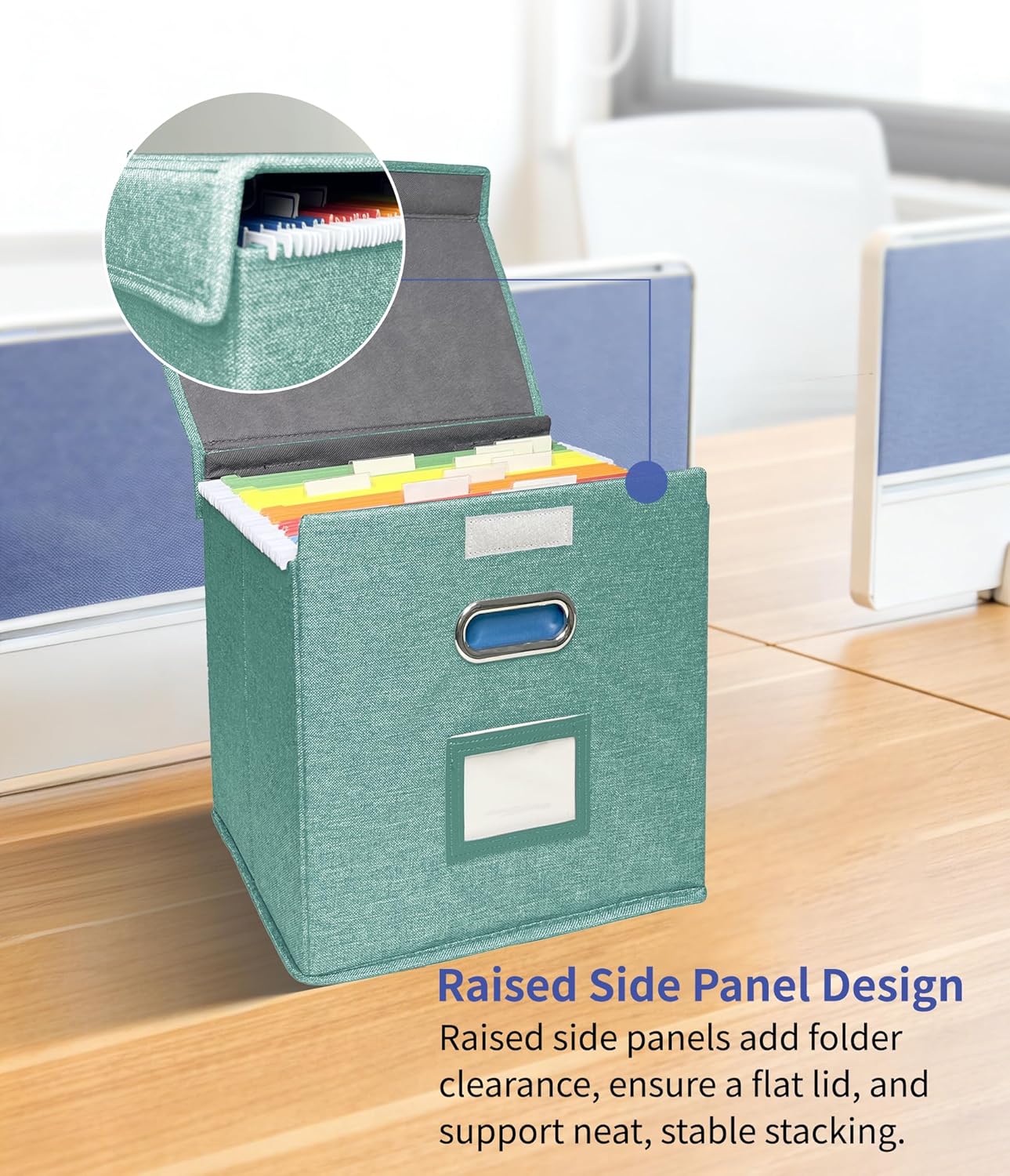 2 Pack Hanging File Folder Box with Lid, Durable Letter Size Filing Storage Box, Sturdy File Holder with Cardboard Support PVC Rails for Office Home Organizer, Green