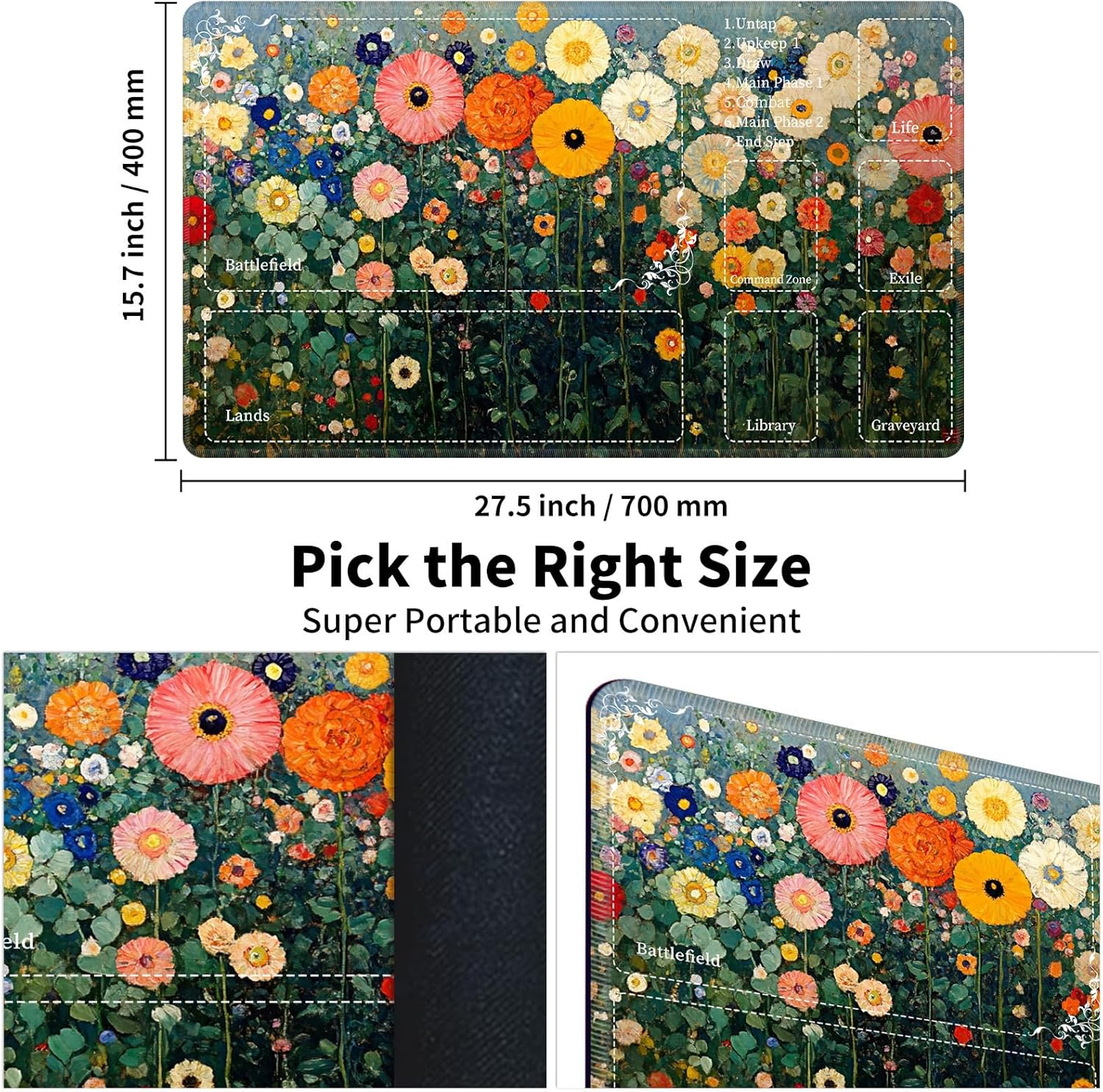 Playmat for MTG with Zones & Storage Bags,Game Mat 27.5 x 15.7 inches,TCG and Board Game Mat for Cards,Mousepad Desk Mats-Wildflowers