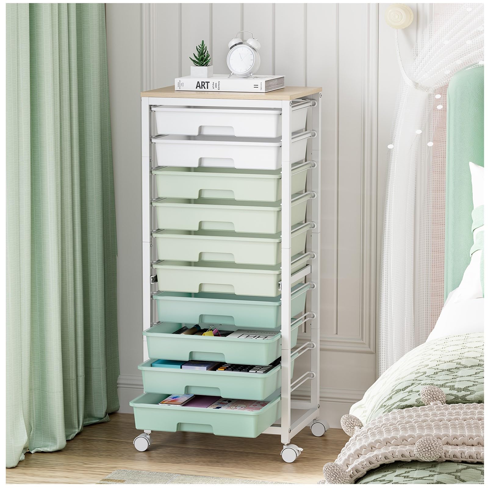 SYKIARIOL Rolling Cart with Drawers,10 Drawer Rolling Cart,Storage Cart,Utility Cart,Teacher Cart for Classroom Storage,Craft Cart with Wheels and Wooden Tabletop,Green