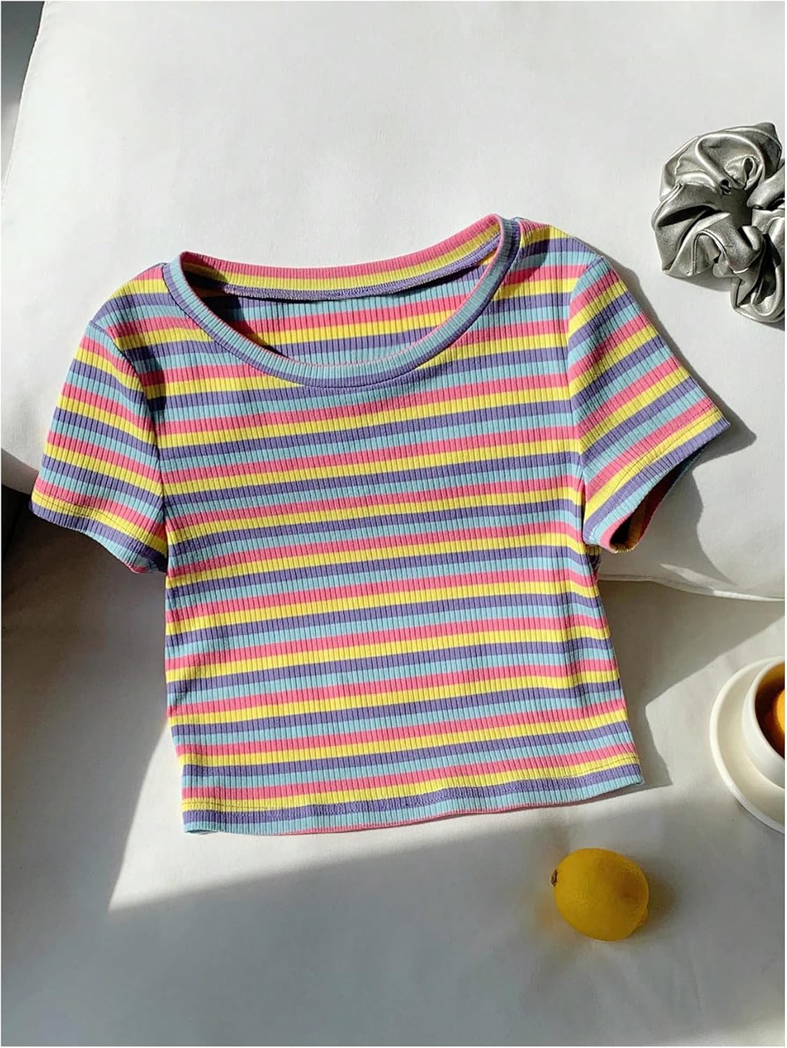 WDIRARA Women's Colorful Striped Short Sleeve Tee Shirt Y2k Crewneck Ribbed Knit Crop Tops - Image 5