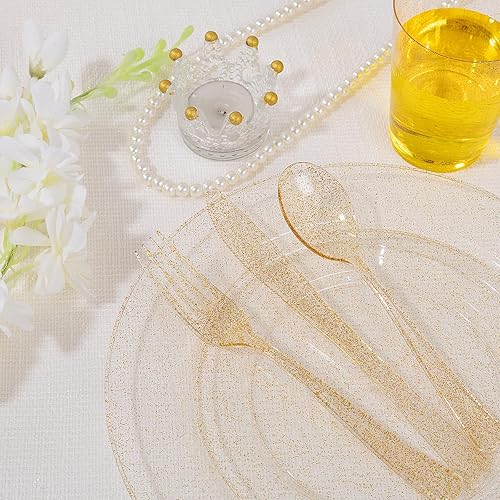 Miniatura 7 de Supernal 400 vajillas de plástico con purpurina dorada, platos desechables para fiestas incluyen 50 platos de plástico dorados, 50 platos de postre