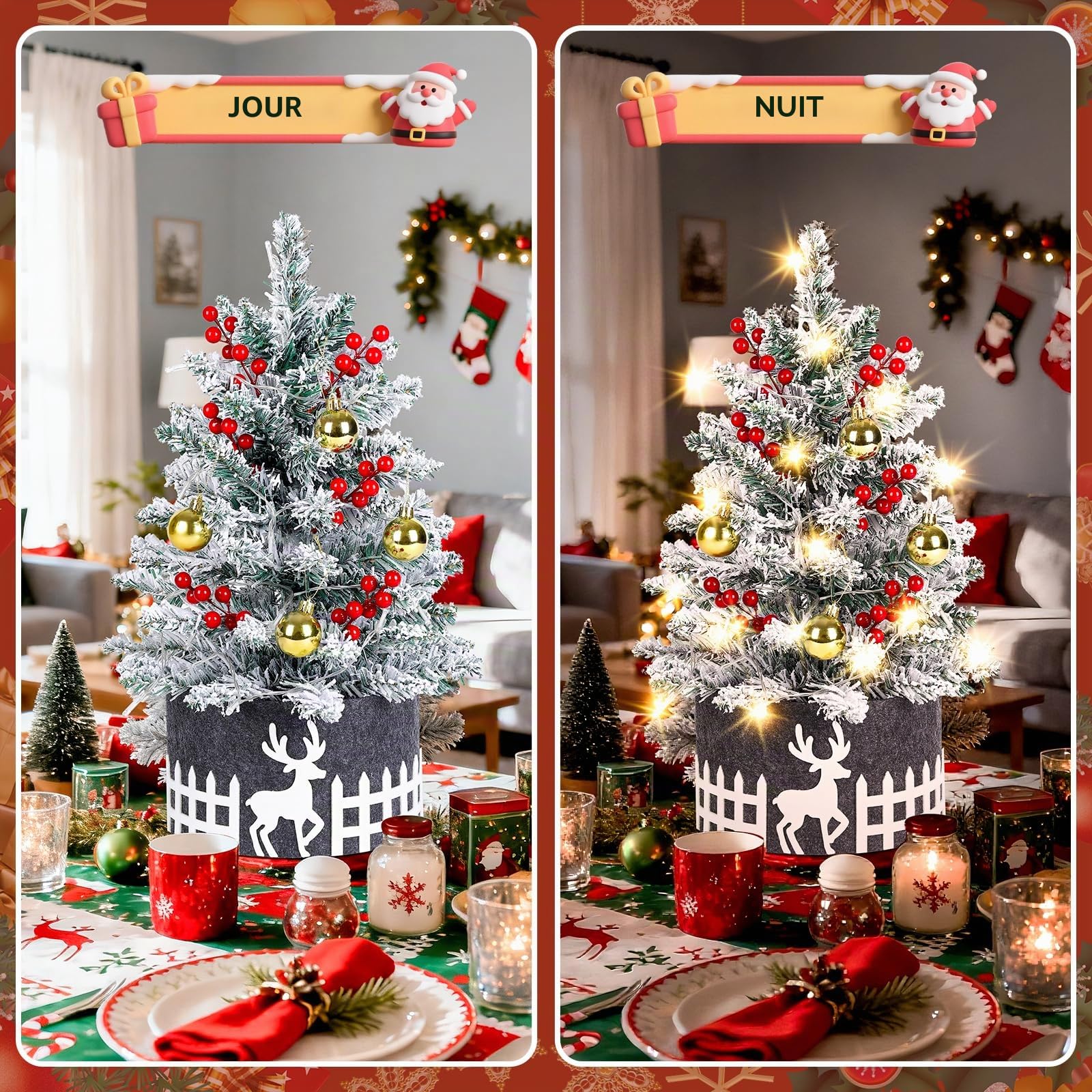 Sapin de Noël Neige Artificiel 60cm avec Lumières LED, Sapin Enneigé Flocké Blanc avec Décorations (Boules, Baies, Jupe), Petit Sapin de Noël pour Table et Bureau, Décoration d'Intérieur Maison Cadeau