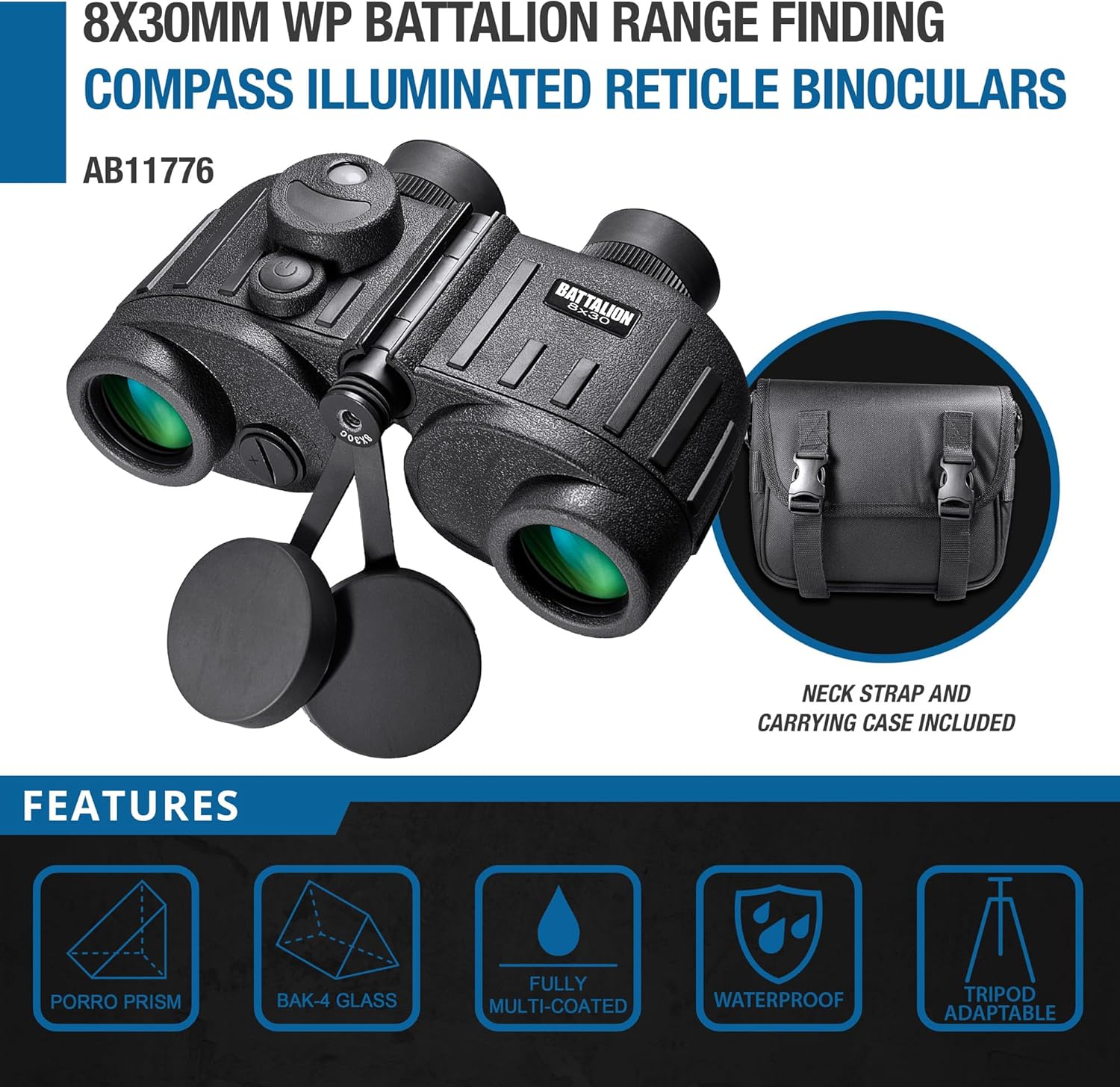 Barska Battalion Military Binoculars – Waterproof BAK-4 Prism Binoculars with Rangefinder Reticle, Wide Field of View, Fully Multicoated Optics, Individual Focus – Tactical & Outdoor Use