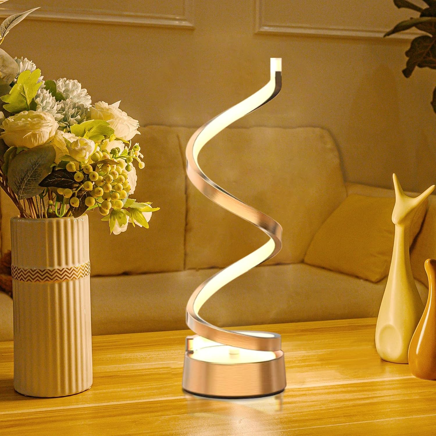 ELINKUME Spiral Lamp,Gold Table Bedside Lamps with Touch,Max 12W,Stepless Dimming Home Desk Lamp,3 Color(3000K/4500K/6000K),Gold Desk Light for Bedroom,Living Room,Study,Office,Kids Room,Meeting Room