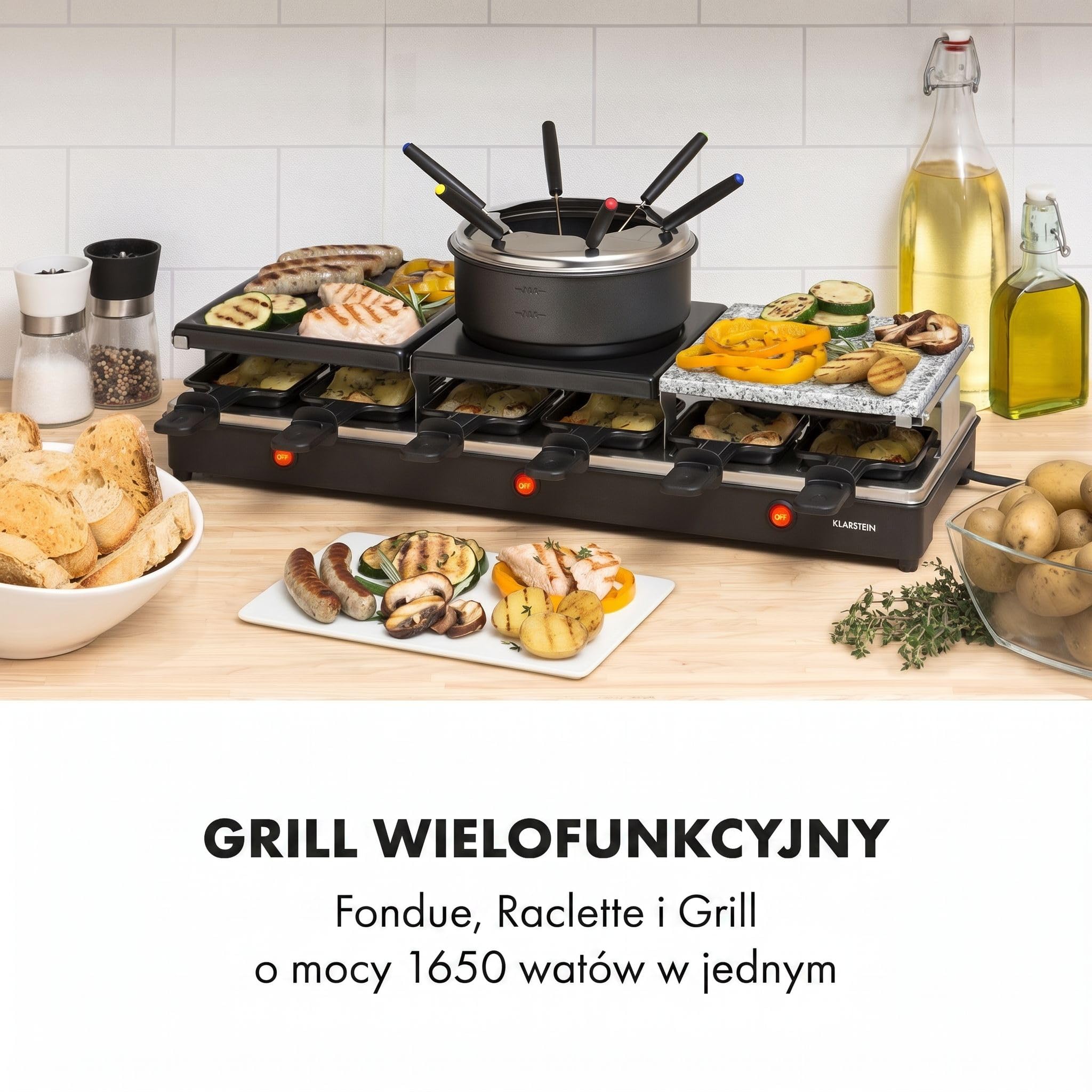 Klarstein Fonduelette XL - Grill raclette i fondue 3 w 1, 1650 W, metal/kamień naturalny/płyta krepowa, 3 oddzielne elementy grzewcze ze stali nierdzewnej, 12 osób, nieprzywierający, czarny
