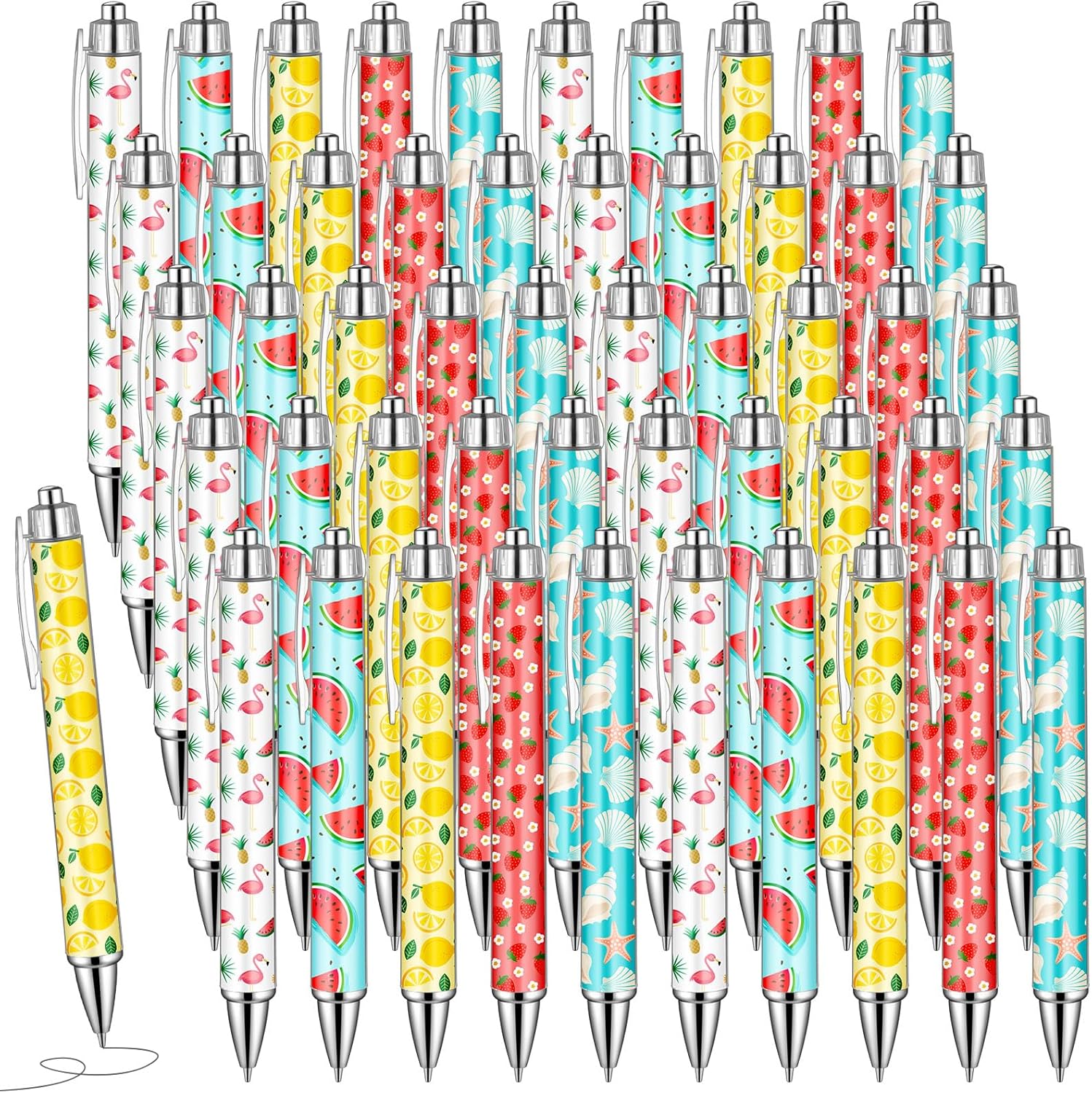 Marspark 50pcs Summer Ballpoint Pens Bulk Luau Hawaii Flamingo Pineapple Watermelon Lemon Beach Shell Watermelon Strawberry Gel Ink Pen for Student Teacher Classroom Office Supplies Writing Supplies