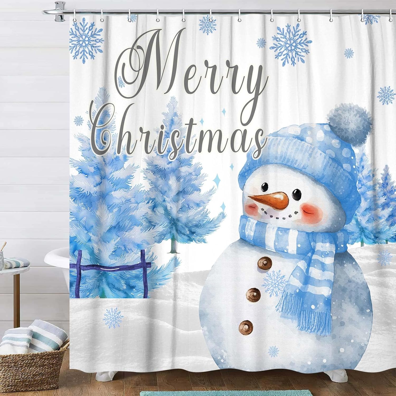 DYNH Christmas Shower Curtain - Blue Snowman Tree Forest Bathroom Set With Hooks (72x75) Fabric