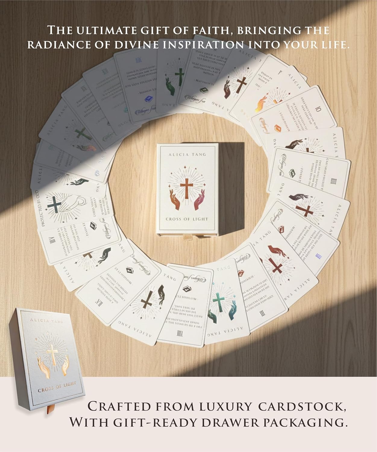 Cross of Light Bible Verse Cards by Alicia Tang - 55 Unique Scripture Quotes with Single Hand-Drawn Art Design, Pocket-Sized Christian Affirmation Cards for Daily Devotional Guidance, Reflection, and Spiritual Growth