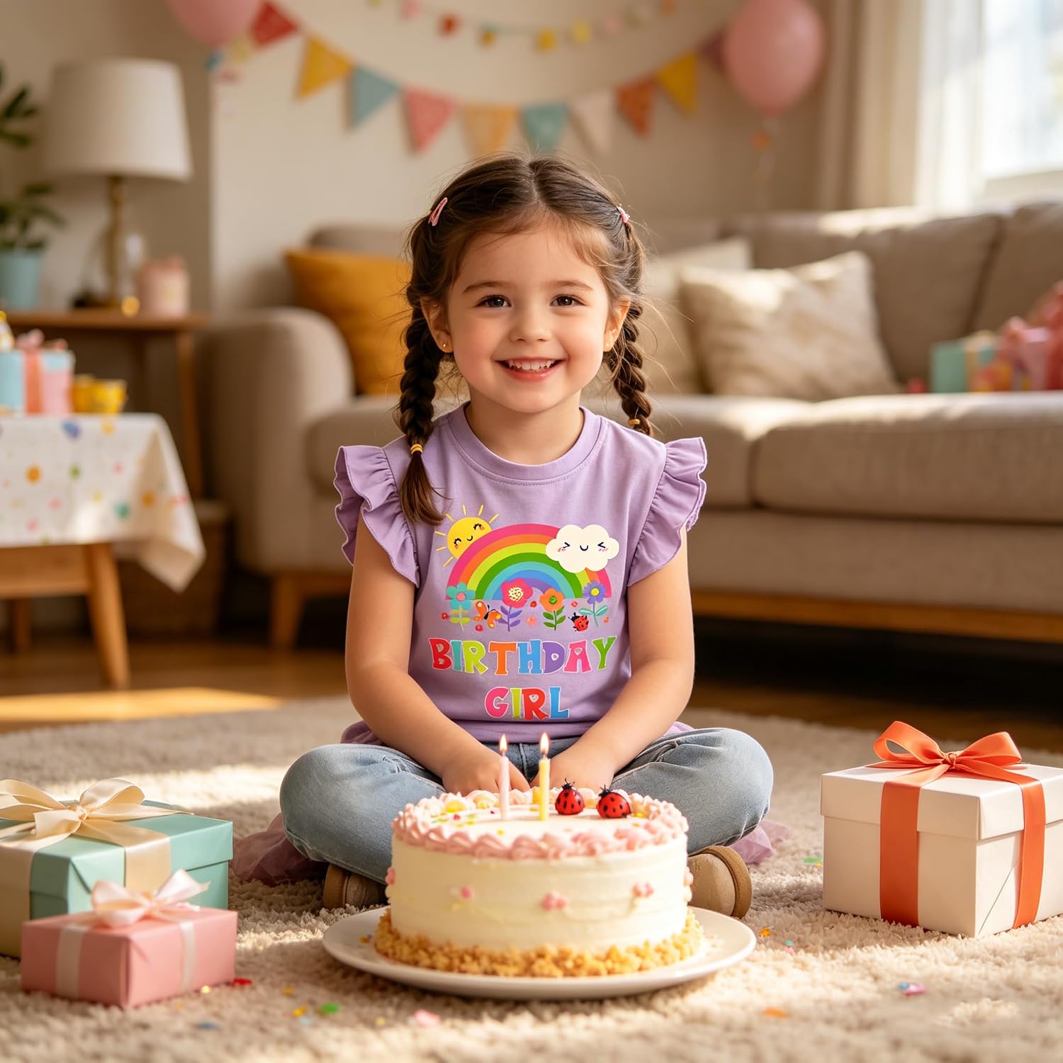 Toddler Girl Rainbow Flower Birthday Colorful Shirts Baby Girls Birthday Outfits T-Shirt 1-7 Years