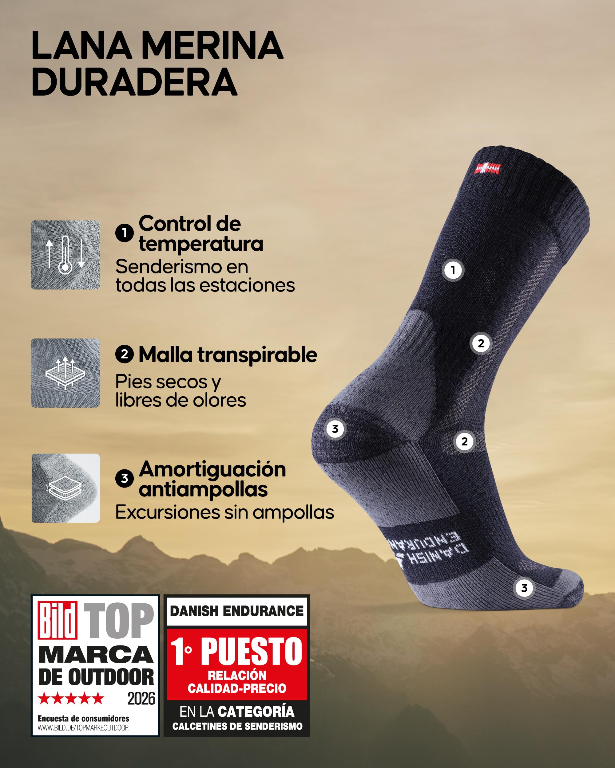 DANISH ENDURANCE Calcetines Senderismo Lana, 3 y 5 Pack MC (1xVerde, 1xLight Gris, 1xAzul Marino Azul) 48-51