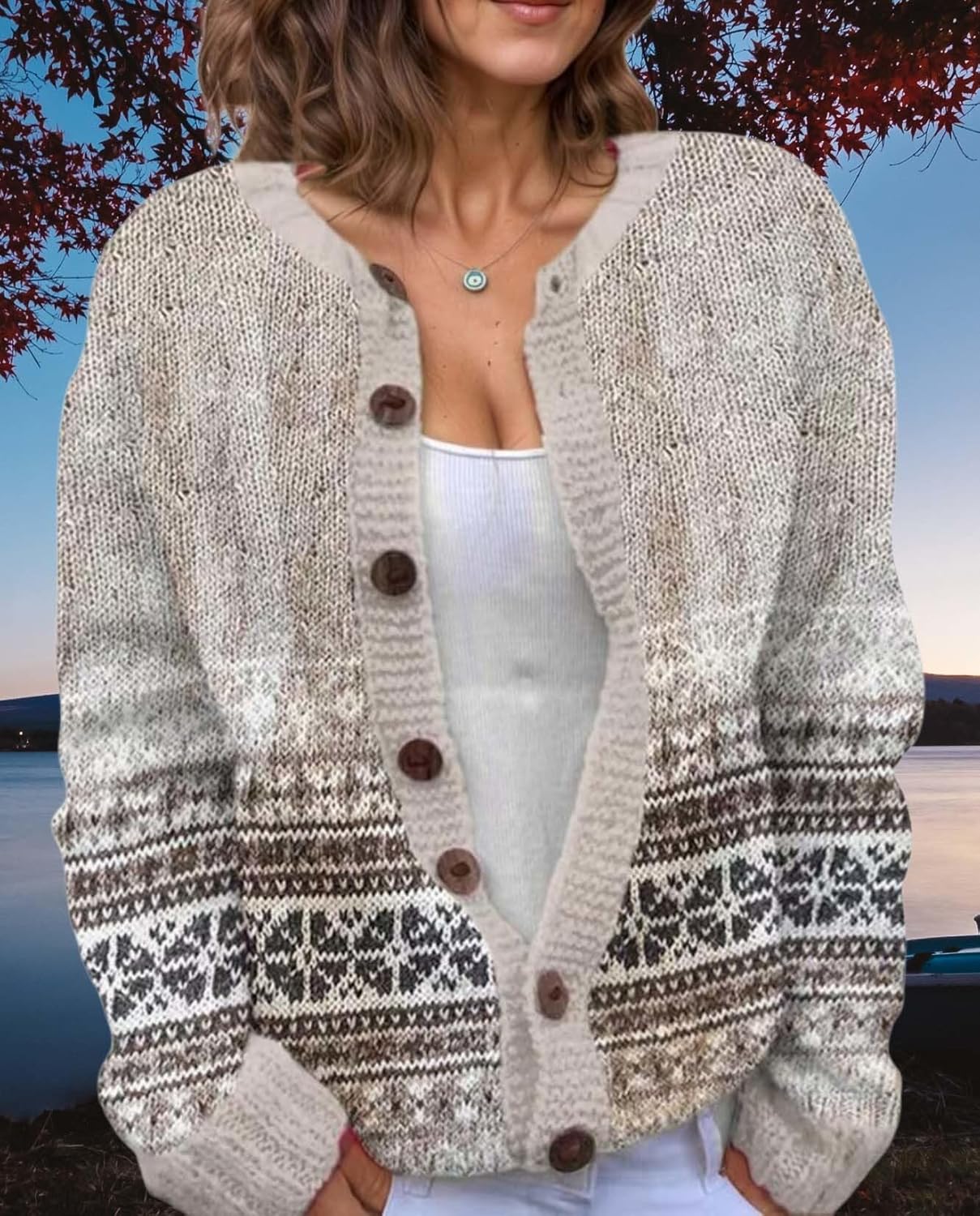 Women's Fair Isle Pattern Knit Cardigan Sweater Vintage Button Down Open Front Jacket Coat for Fall & Winter 2025 - Image 5