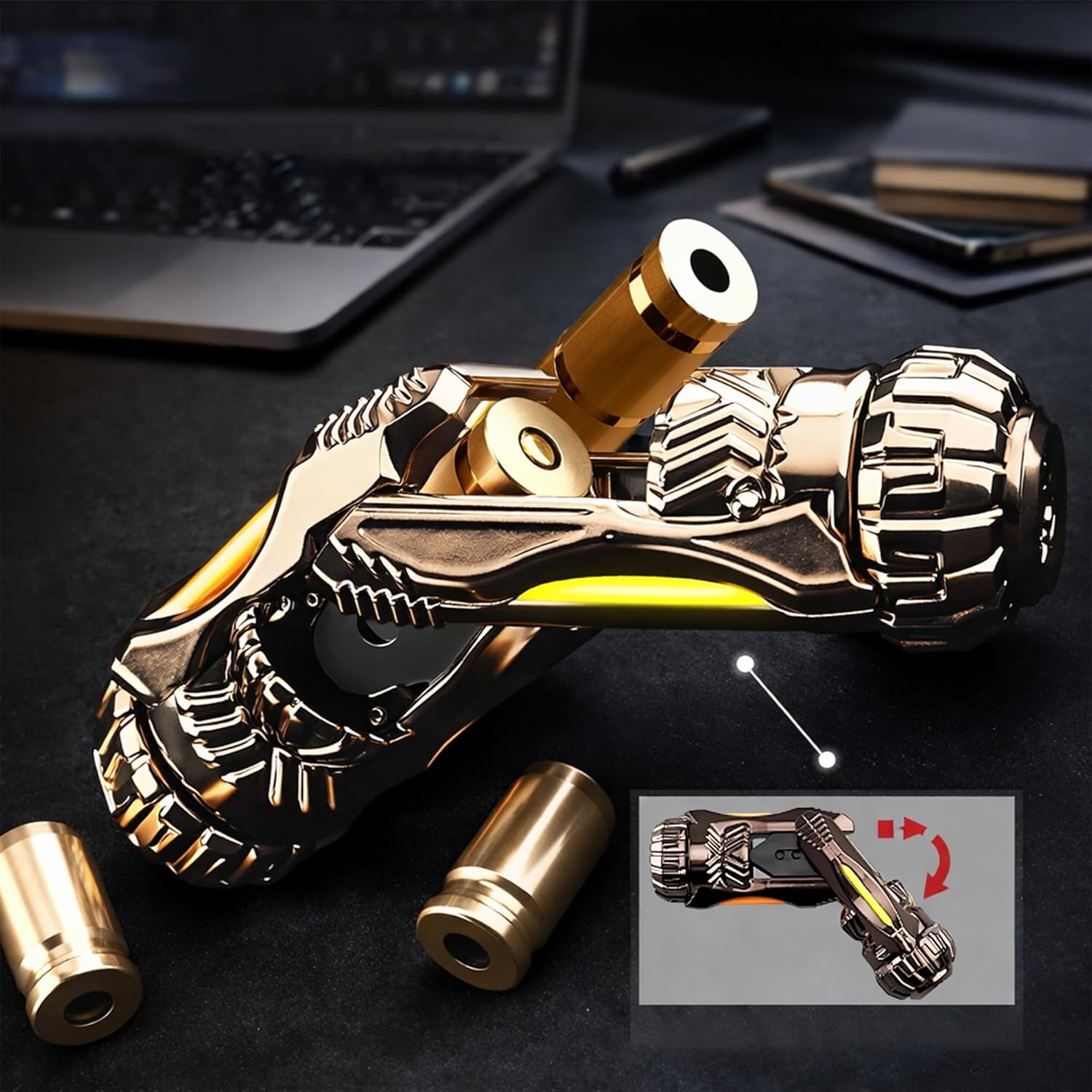 Metal Fidget Toys Adults Gun: Decompression EDC Fidget Spinner, Cool Stress Relief Spinner Ring for Finger, Best Steel Mini Toy Gift for Men (JJ008-Gold)
