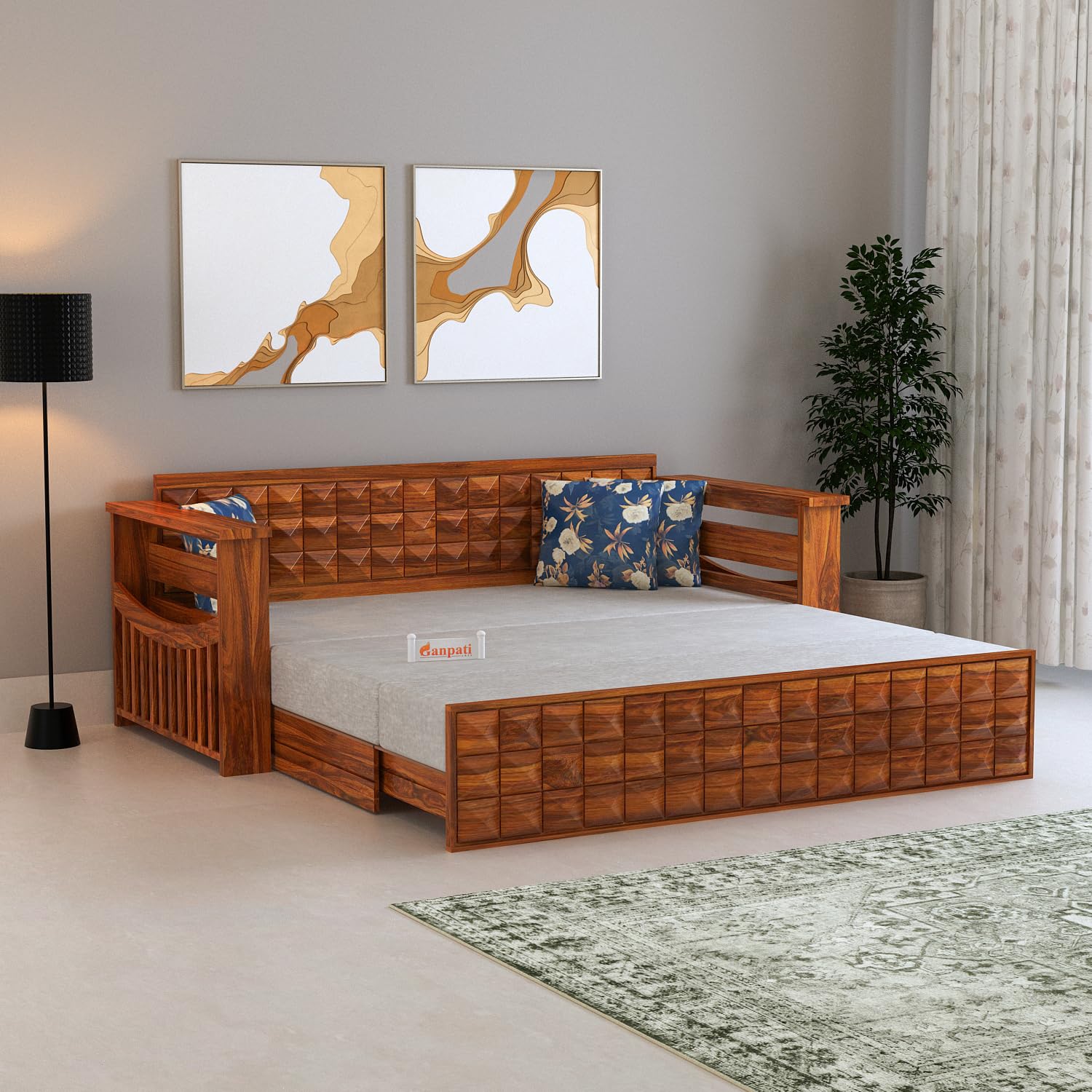Ganpati Arts Solid Sheesham Wood Diamond 3 Seater Sofa Cum Bed with Storage and Side Pockets for Living Room Wooden Furniture Sofa Bed for Home - Natural Finish 1 Year Warranty, Brown, 3-Person Sofa