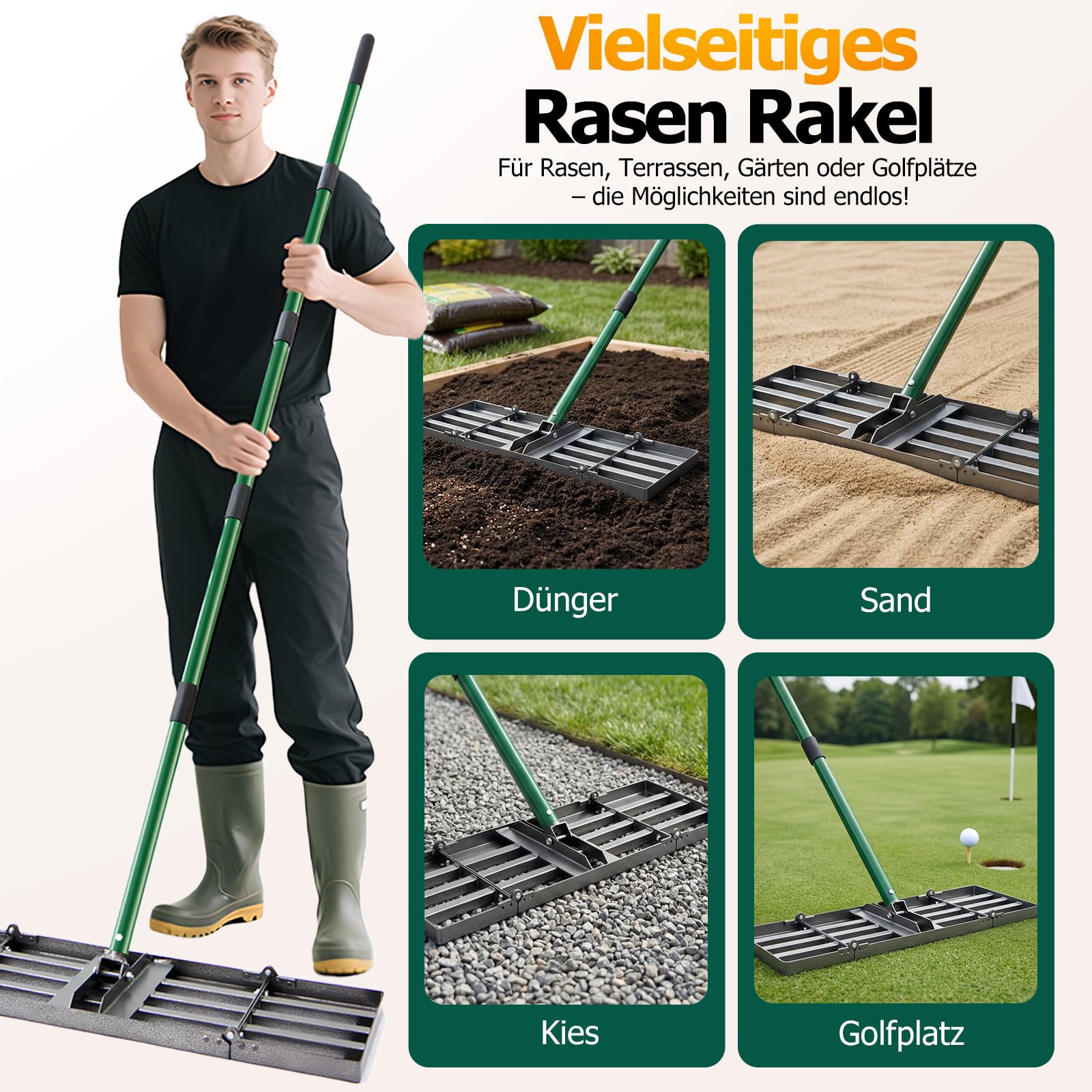 Rasennivellierharke - 76x25cm Rasennivellierer Rasen Rakel, Hochbelastbarer Rasen Nivellierrechen mit 84-196cm Verstellbarem Griff, Klappbare Garten Rasenrechen für Erde, Sand, Kies