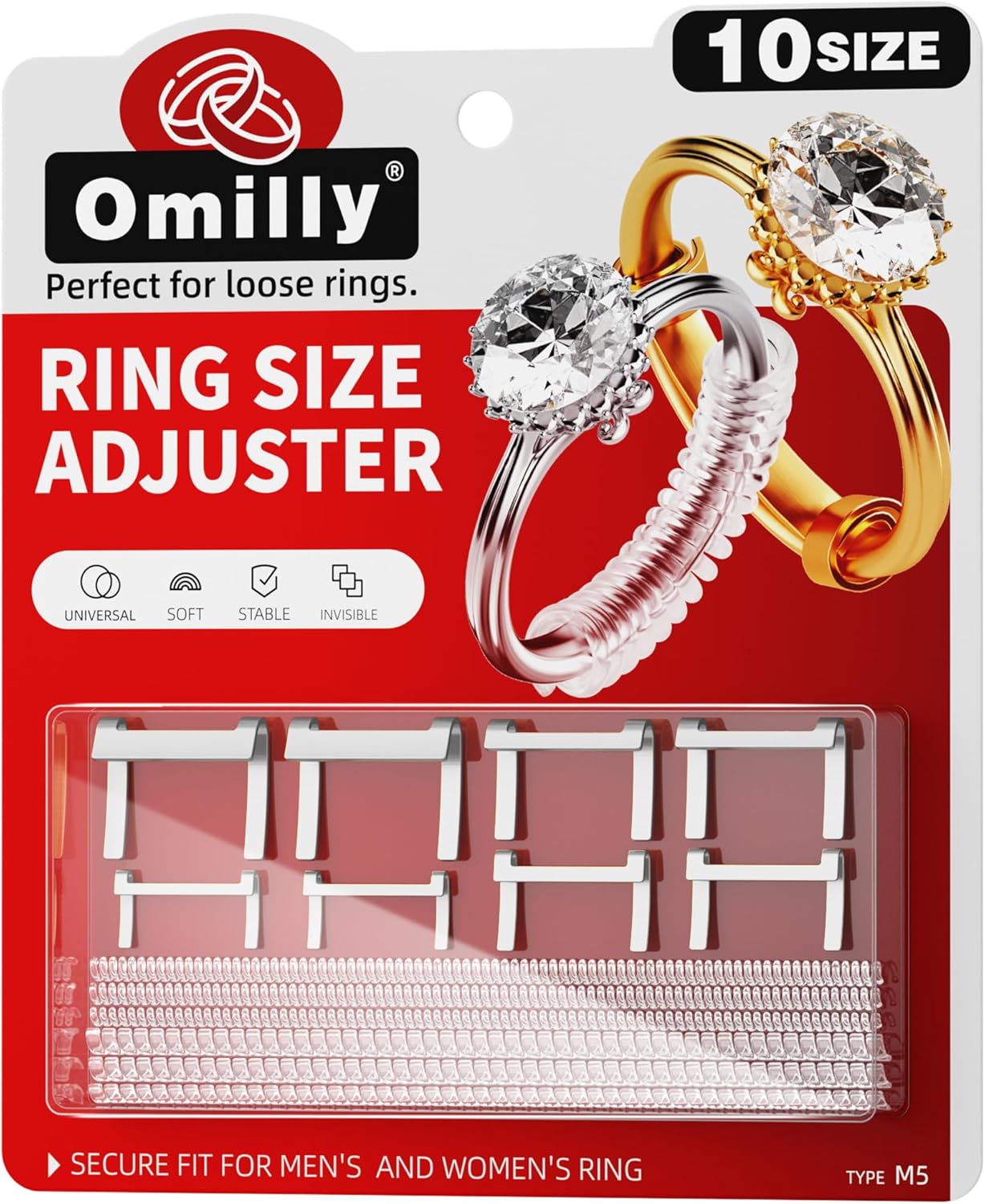 Omilly Filled Metal Ring Guard for Loose Rings, 10 Pack with 6 Sizes Ring Size Adjuster, Fits Ring Width 1mm-10mm, Easy to Use, Secure Fit for Women and Men