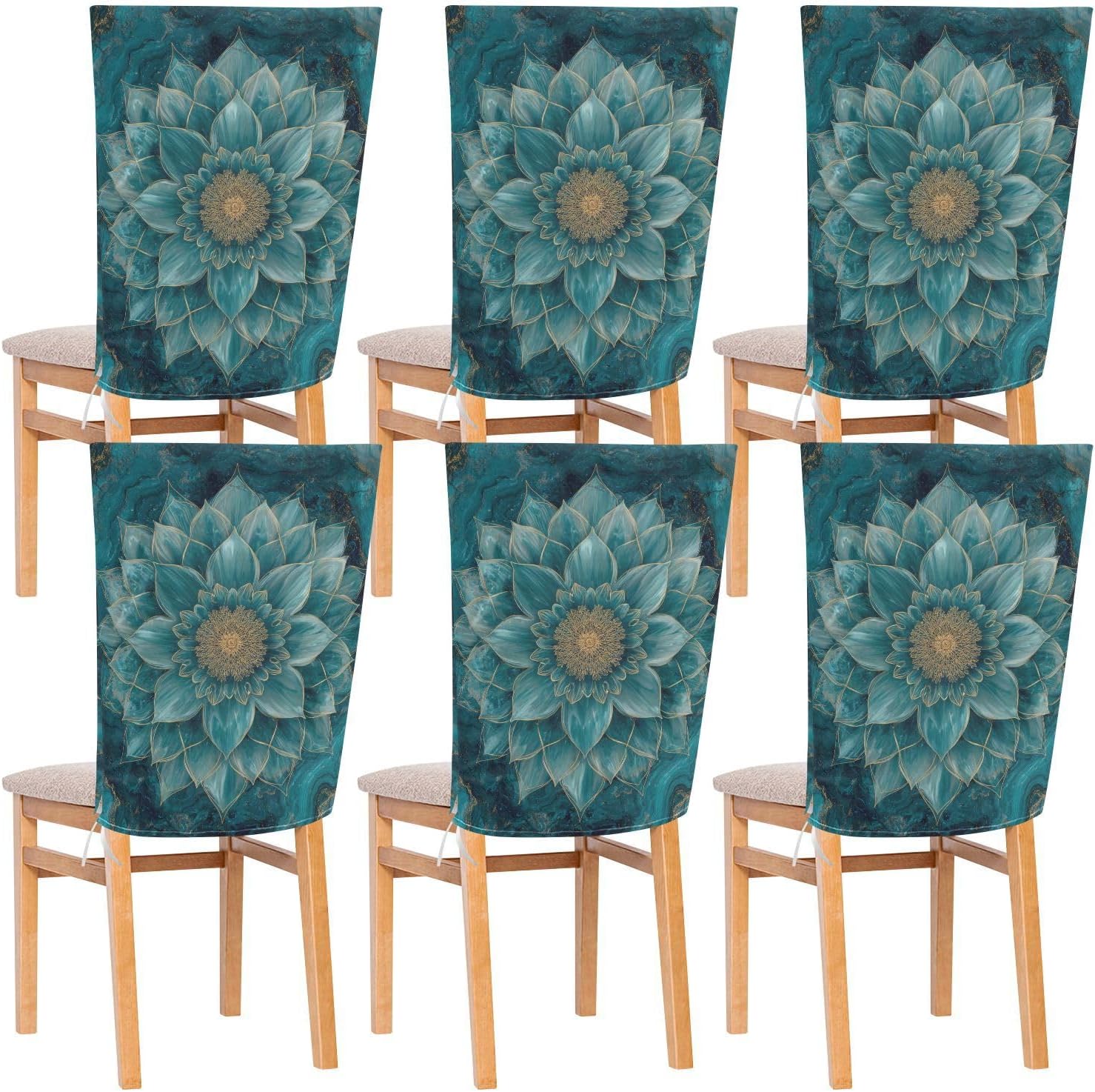 ALAZA Teal Marble Lotus Flowers Chair Back Cover Set of 6, Washable Reusable Removable Chair Slipcovers Decorative Chair Cover for Home Kitchen Wedding Party