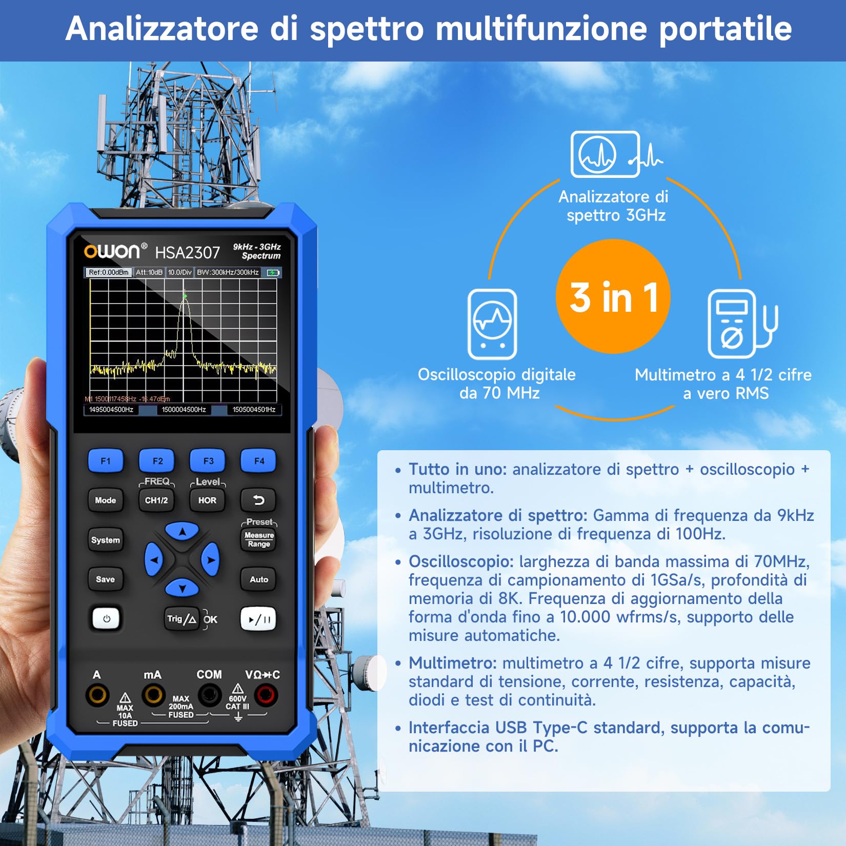 OWON HSA2307 Analizzatore di Spettro 3 in 1 da 9kHz a 3GHz, Oscilloscopio a 70MHz, Multimetro a 4 1/2 Cifre, Frequenza di Campionamento Massima di 250MSa/S, Analizzatore di Spettro Multifunzione