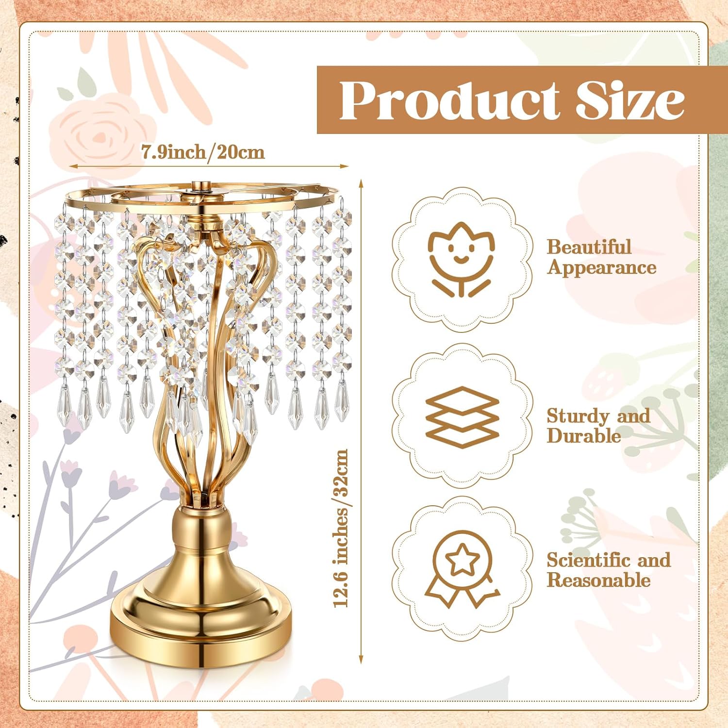 16 pcs wedding centerpieces for tables, gold silver vase centerpiece with chandelier crystal metal flower stand, tall flower vases for wedding party home decoration(gold,12.6”)