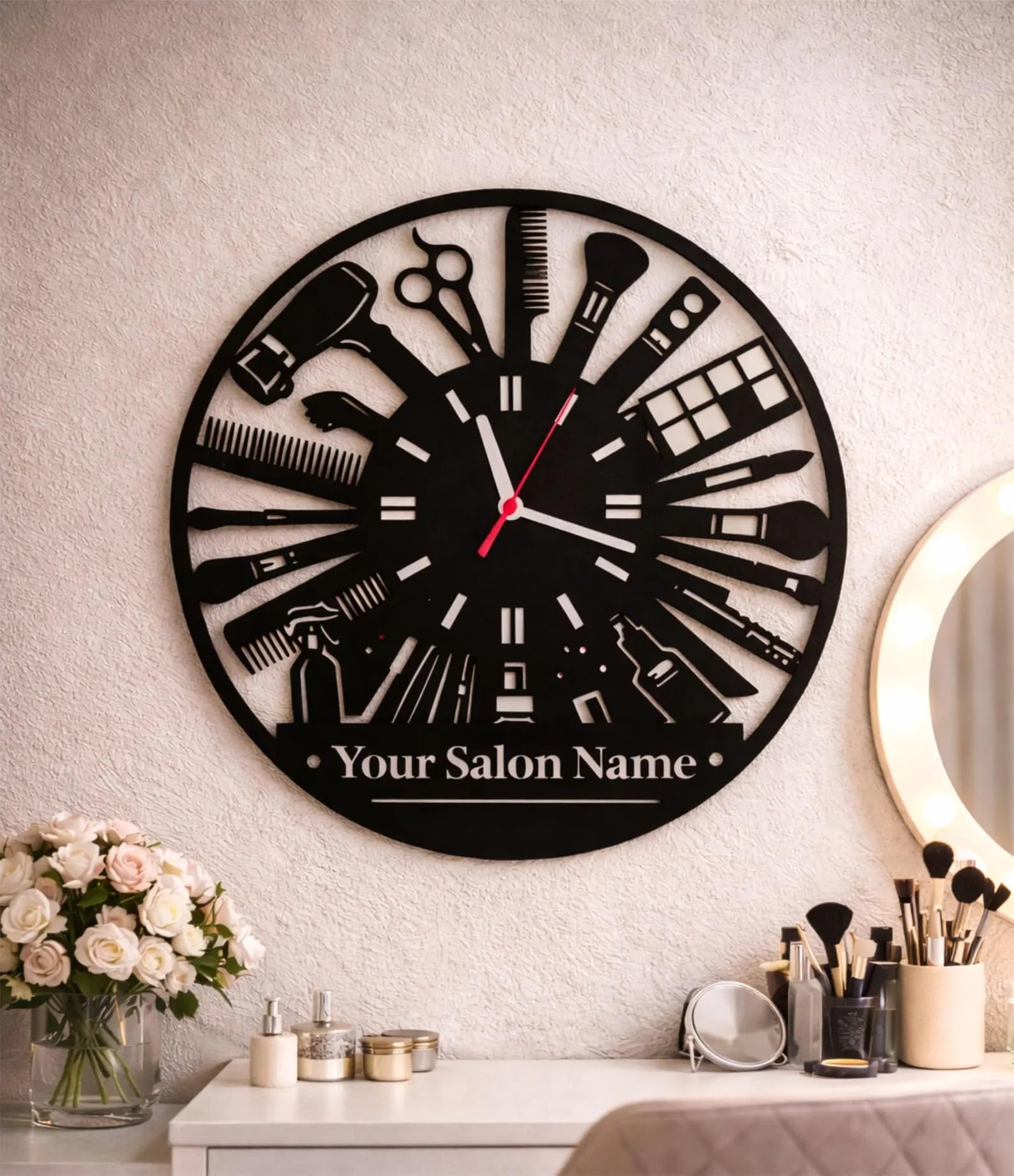 Personalized Beauty Salon Wooden Wall Clock with Custom Name | Gift for Hair Stylist & Hairdresser | Modern Wooden Wall Art for Beauty Studio 12 Inch-image-7