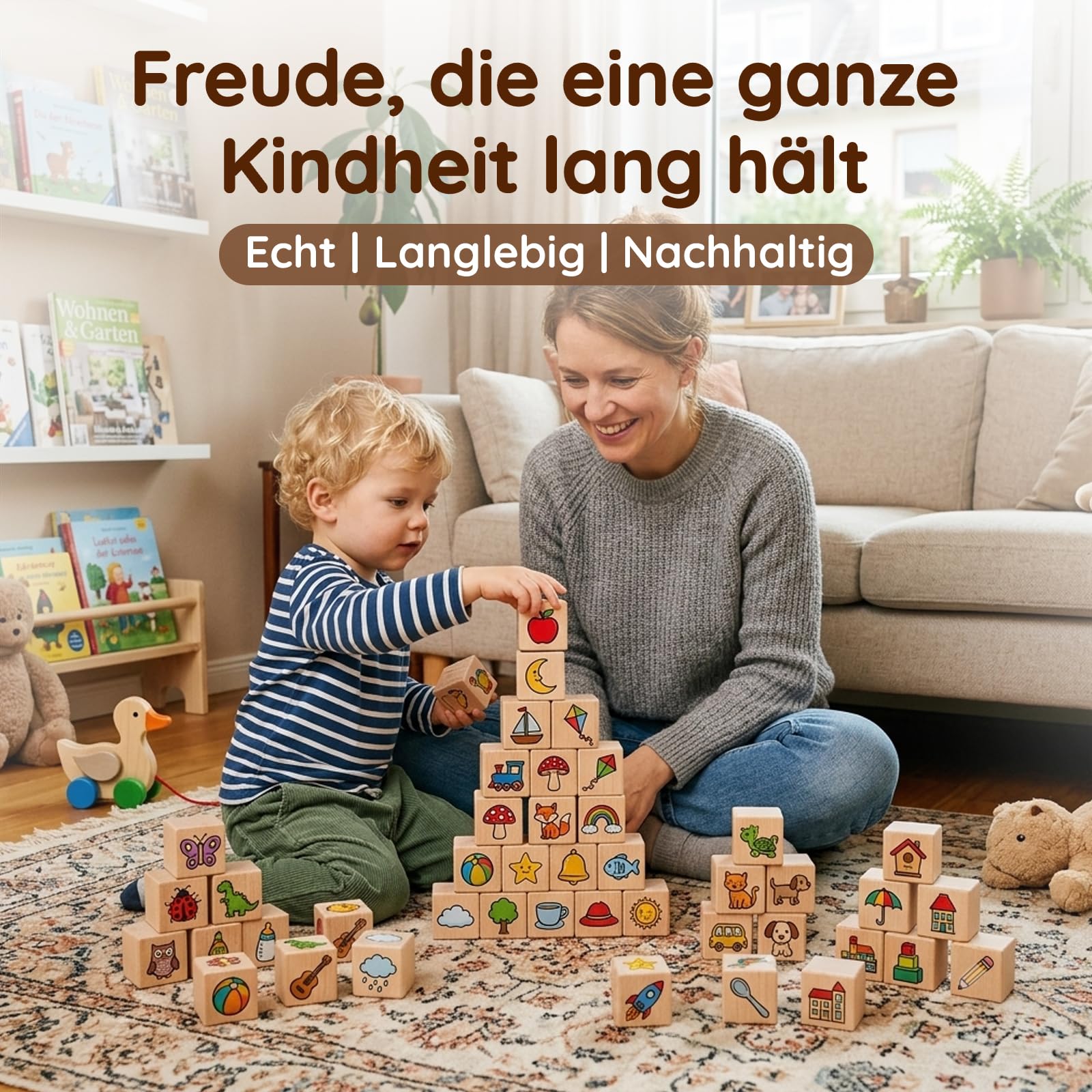Babyparty Spiele DIY Buchen-Bausteine | 48 Holzbausteine, 24 Acrylmarker, 1 Holzbox, 105 Schablonen, 1 Poster & Halter (Naturholz | verschiedene Sonderformen)