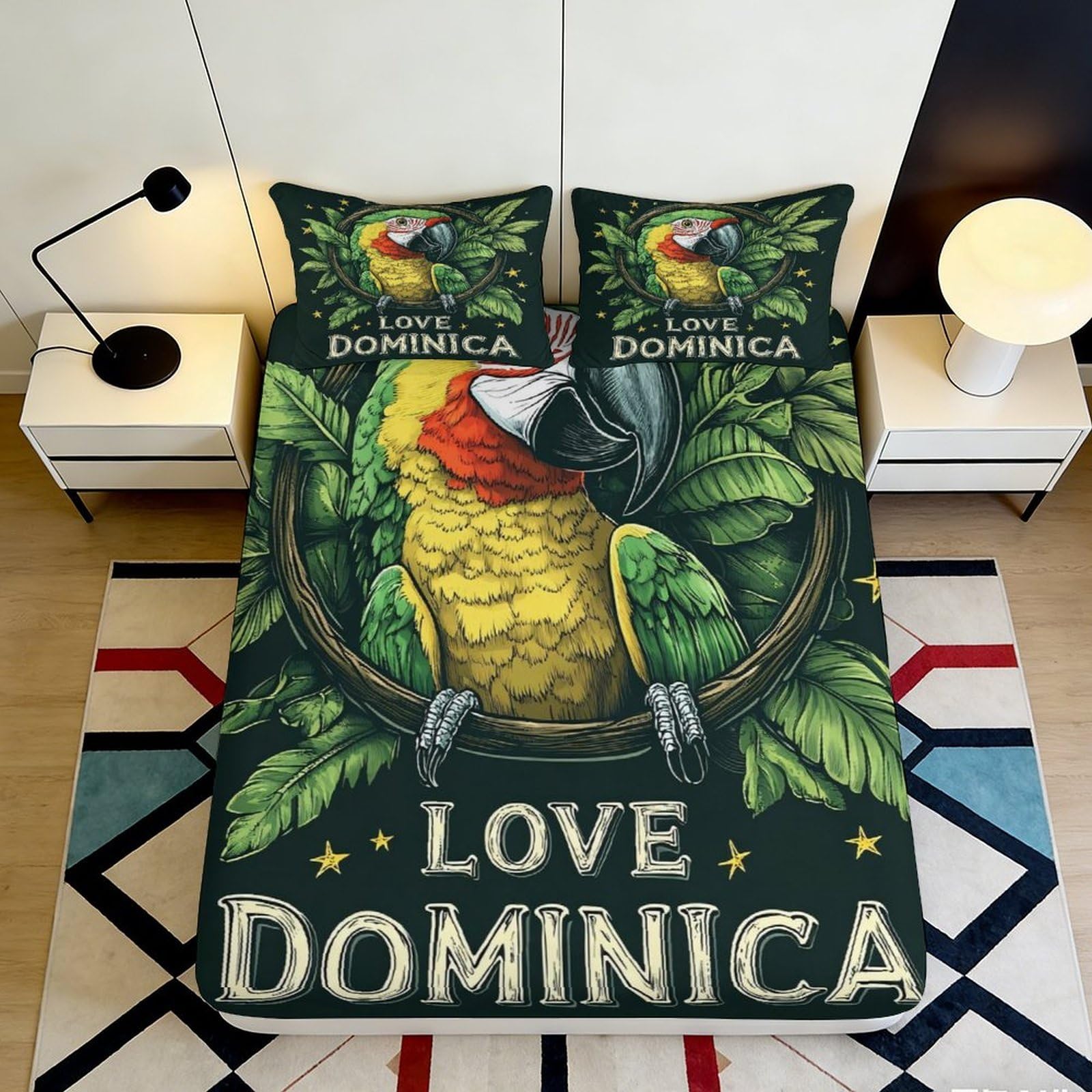3D Printed Parrot Jungle Fitted Sheet Microfiber Anti-Slip Mattress Cover Tropical Bird Bed Decor for Bedroom Guest Room 90x200x25cm