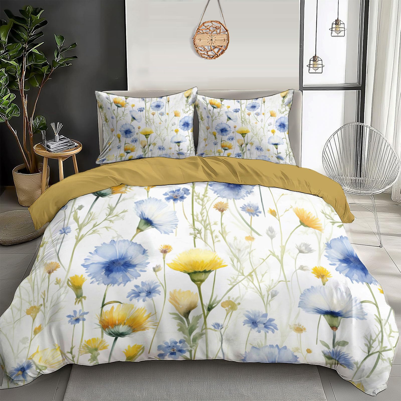 Parure de lit adulte fleurs sauvages pissenlits bleu jaune en microfibre avec housse et taies