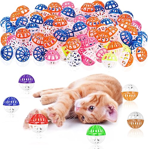 Hungdao 100 bolas de juguete para gatos, bolas de plástico de celosía, juguetes pequeños arrugados para gatos, surtidos con campana para gatito,