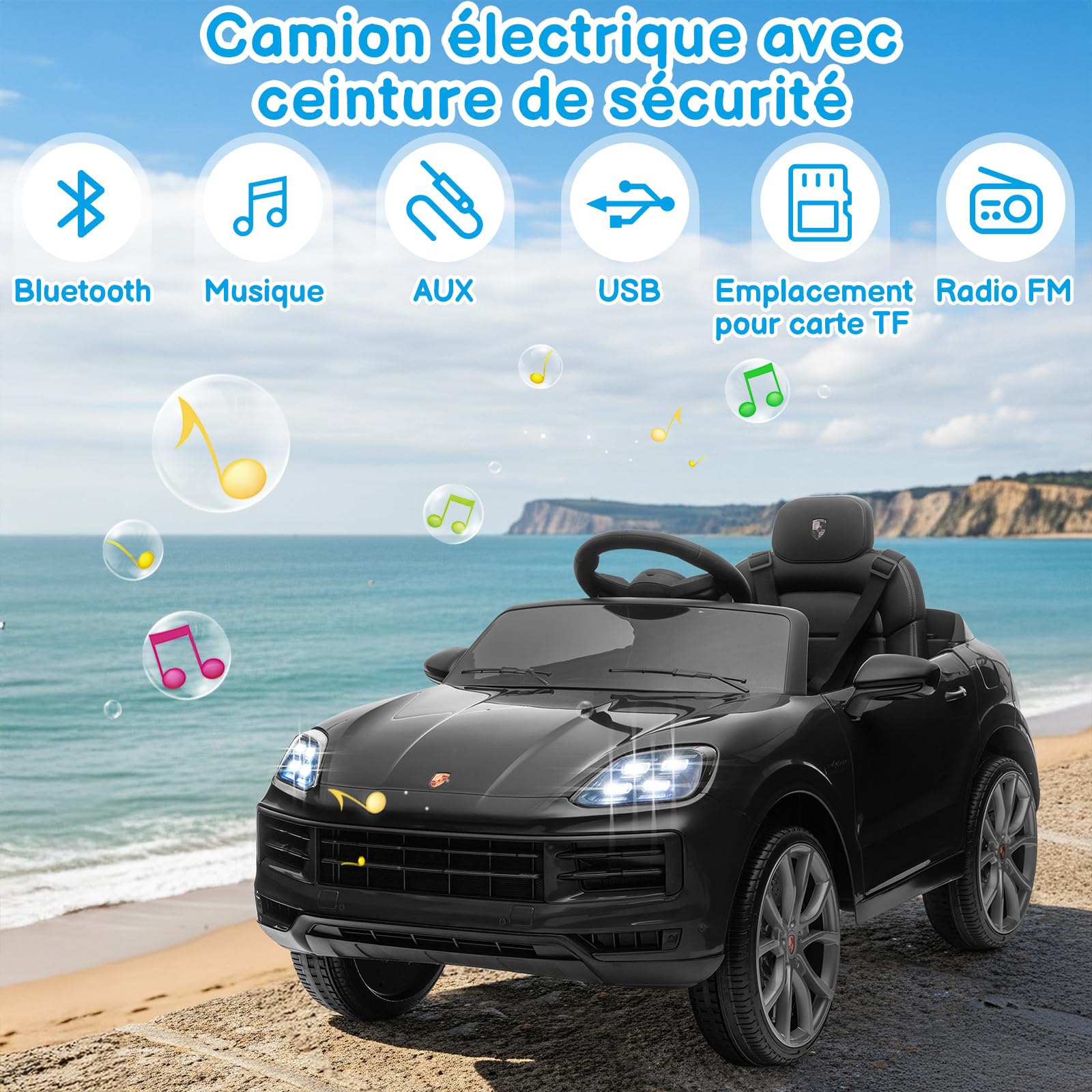 LALAHO Porsche Cayenne Enfant 12V Noir télécommande parentale lumières