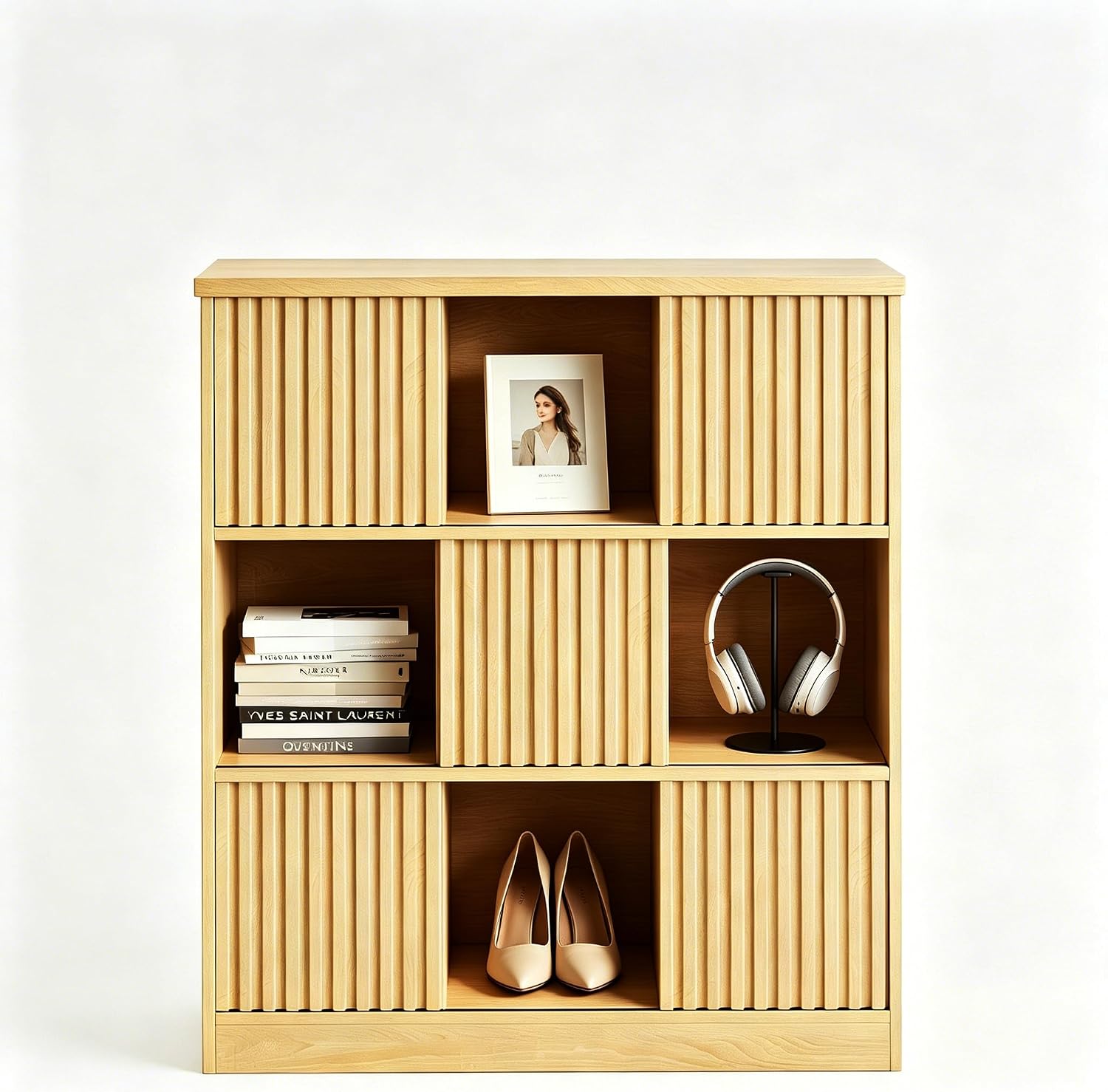 9 Cube Storage Organizer, Wooden Cube Shelves with Closed Back Panel, 3-Tier Storage with 5 Sliding Doors,Cubes Closet Organizer for Living Room,Office,Bedroom,Study,Hallway Natural Oak