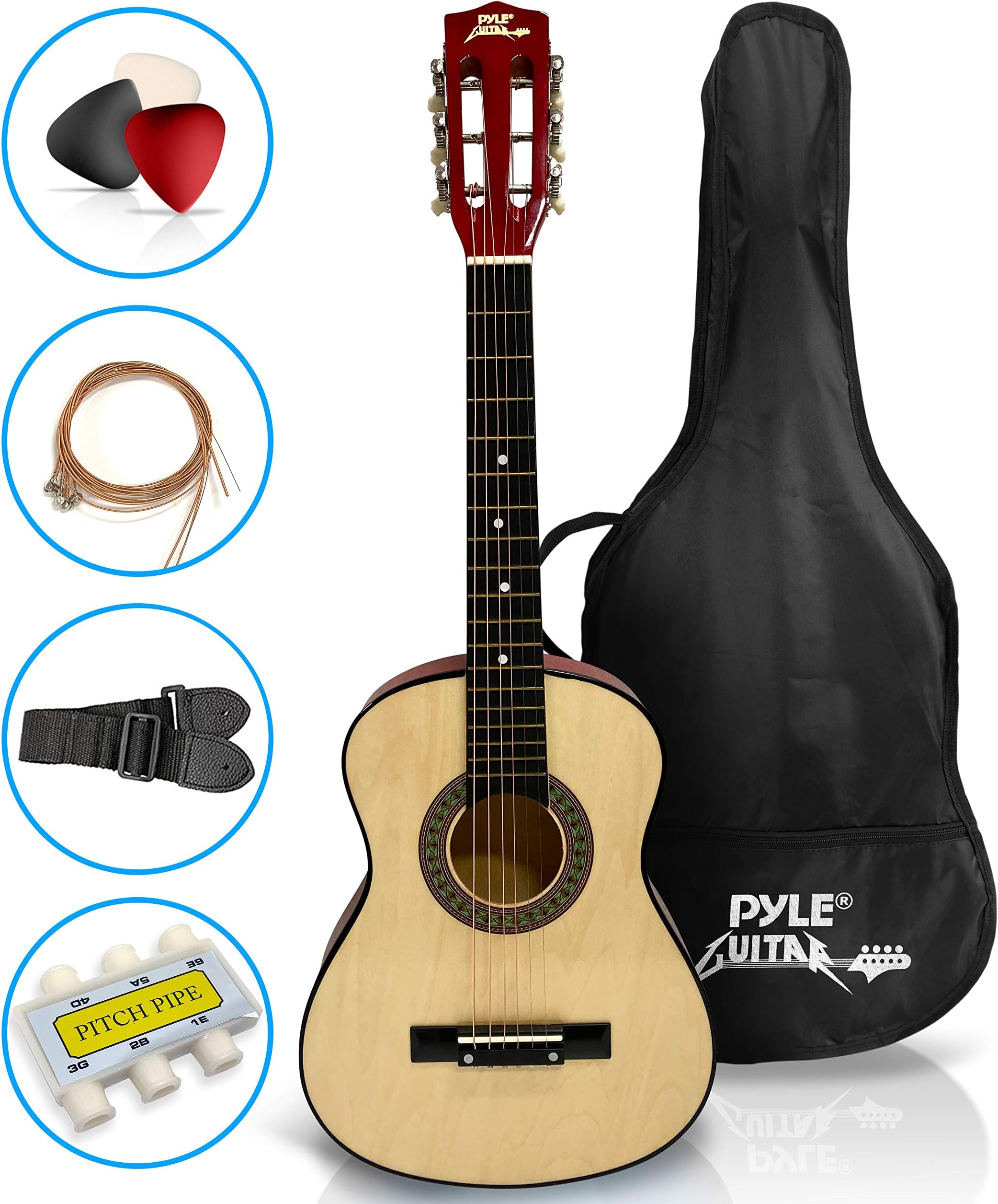 - 30-Inch Beginner Acoustic Guitar Kit, 6-String Classical Style Travel Guitar for Kids and Adults - Includes String Set, Strap, Picks, Pitch Pipe, Storage Gig Bag - Hand Crafted Basswood
