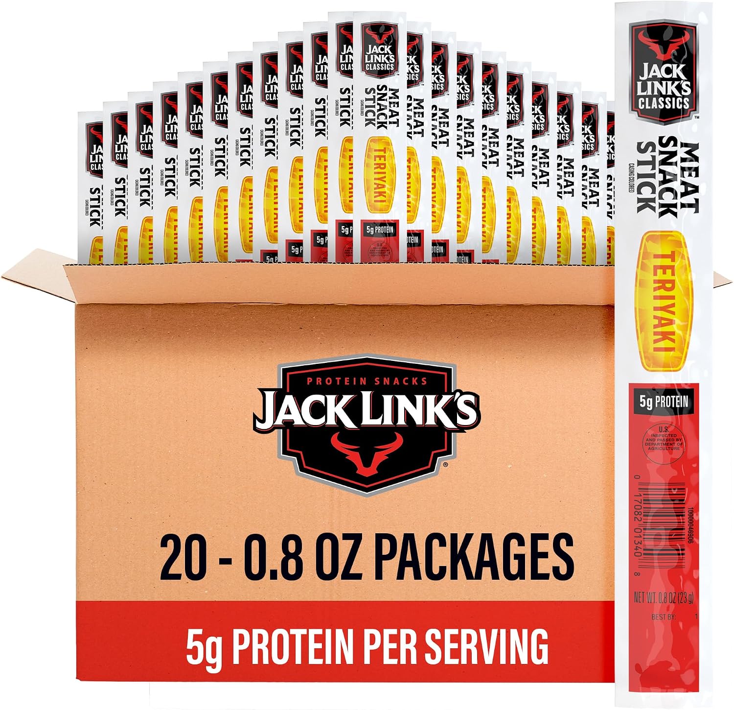 Jack Link's Classics Teriyaki Jerky Sticks - (20 Count) 0.8 oz | Made with Beef and Pork - Ready to Eat Real Meat Protein Snacks - 5g Protein per Serving - Sticks