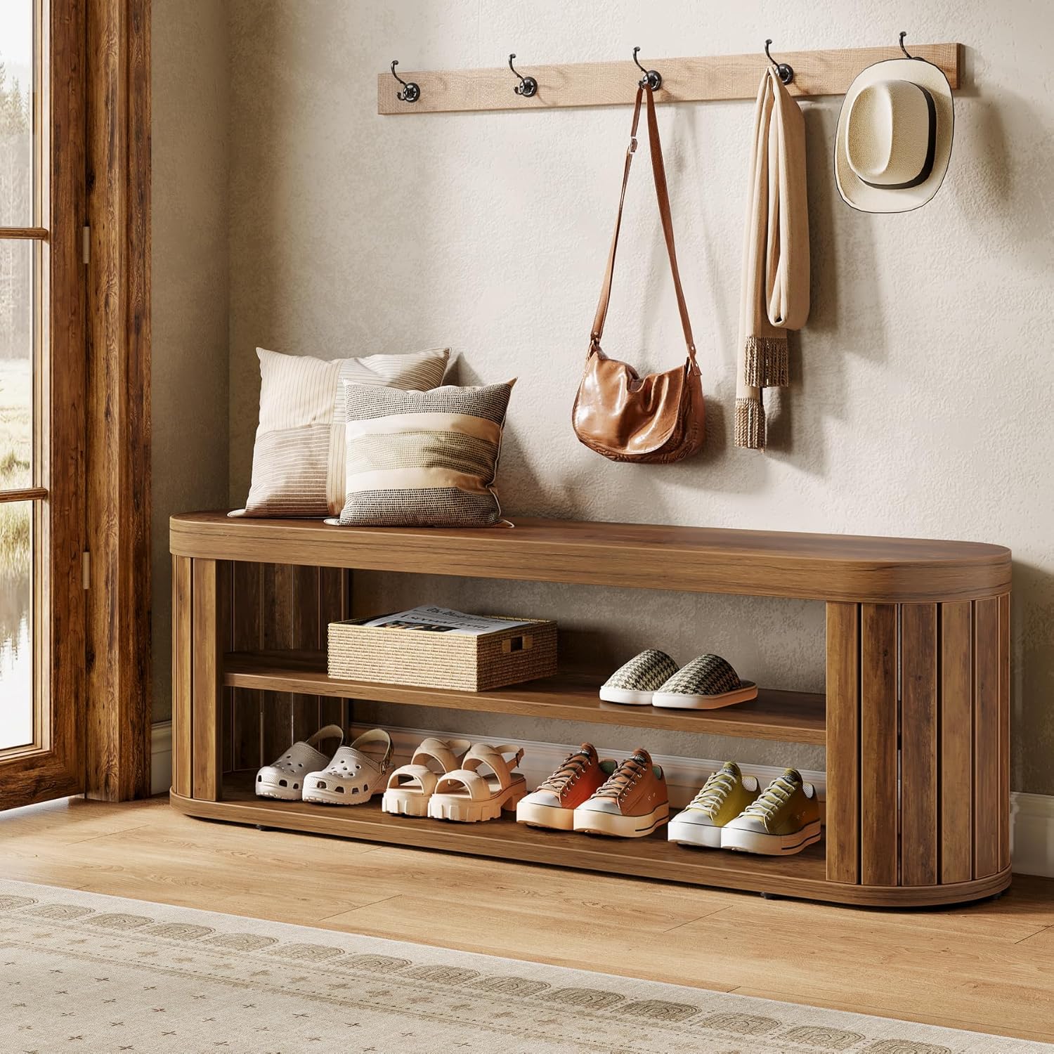 Tribesigns 47.2" Wooden Entryway Bench with 2-Tier Shoe Storage, Farmhouse Dining Bench with Adjustable Foot Pads, End of Bed Stool for Bedroom, Hallway, Living Room, Dining Room, Rustic Brown