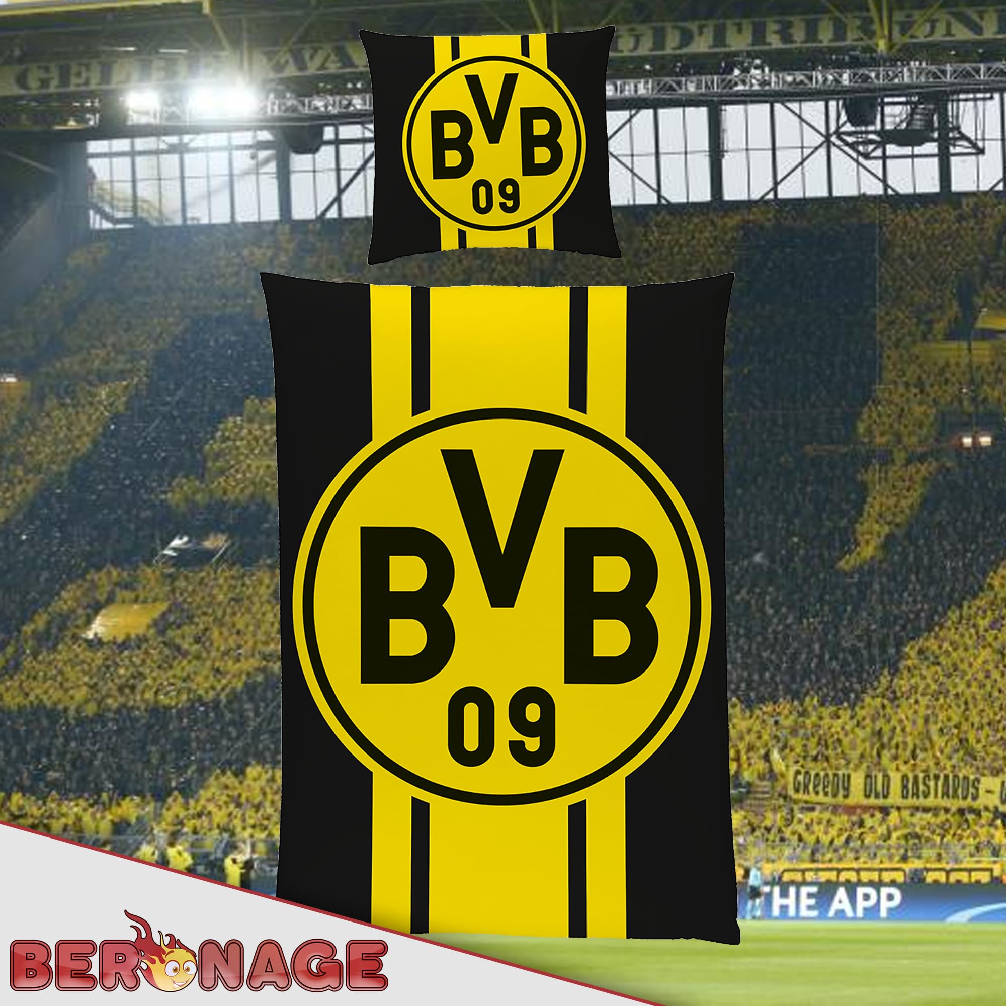 Dortmund Borussia BVB 09 Wende-Bettwäsche 135 x 200 cm + 80 x 80 cm 100% Baumwolle Renforcé-Linon Fußball Bettwäsche Logo Motiv Echte Liebe Heja BVB Reißverschluss deutsche Größe