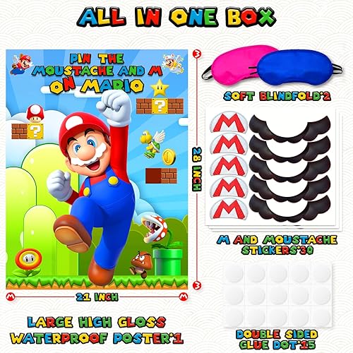 Miniatura 2 de Pin The Moustache & M on The Bros - Juego de fiesta temática de Super Brother para decoración de pared, póster grande e impermeable de alto brillo