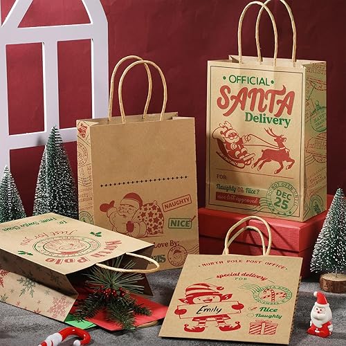 Miniatura 4 de Zonon 24 bolsas de regalo de papel kraft rojo y verde de Navidad, papel de regalo de dibujos animados, entrega especial de Navidad con asas,