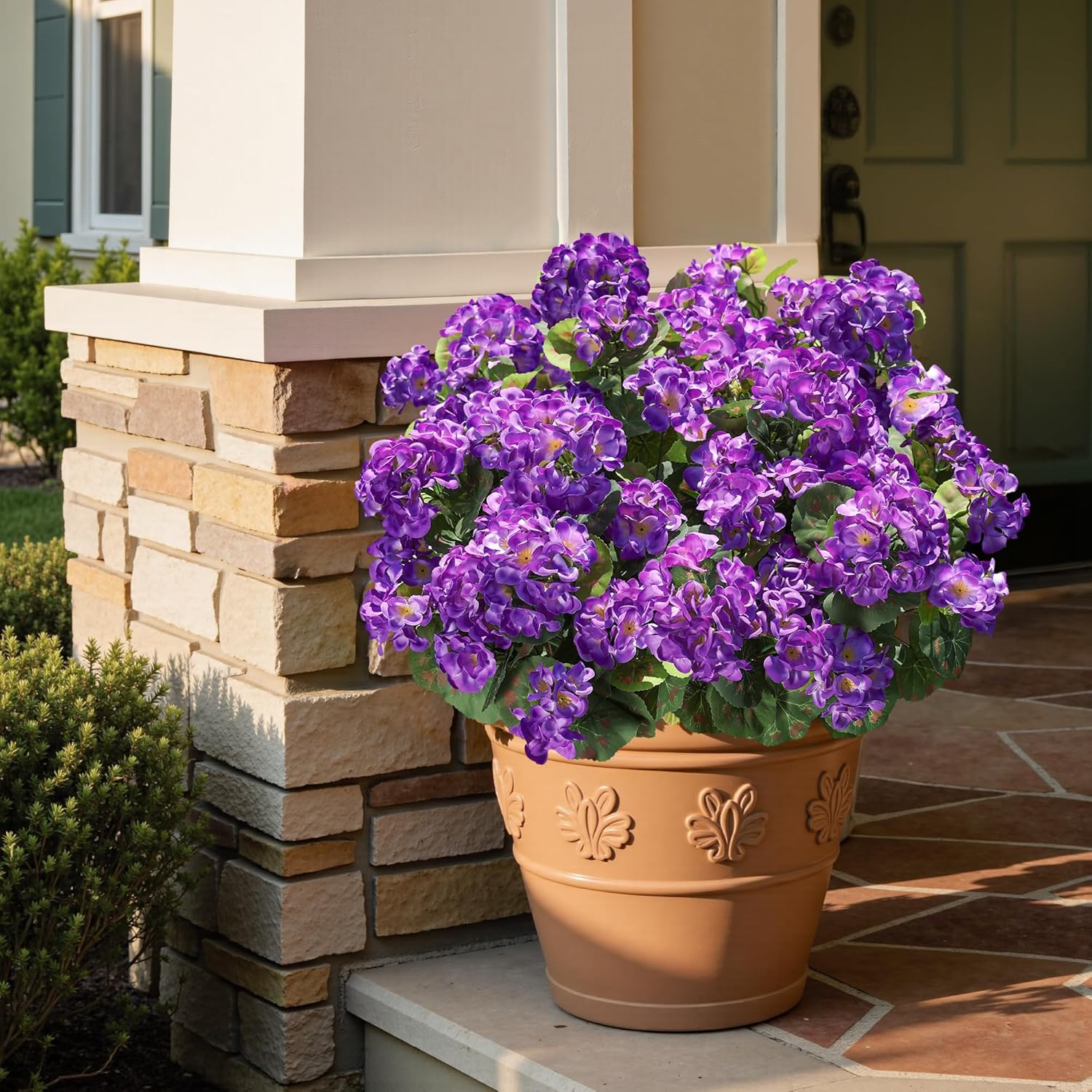 artificial geranium fake flowers for outdoors decoration, 6 bundles silk geraniums flower uv resistant look real faux plants for outside planter front door garden patio balcony yard home, purple 6 purple