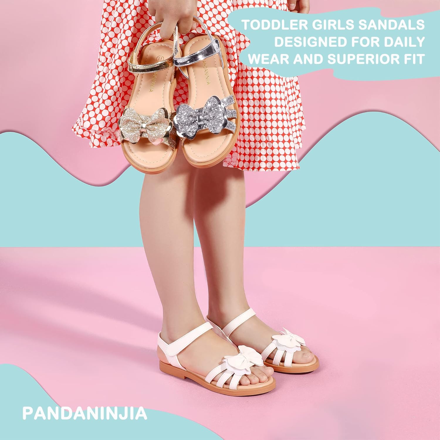 PANDANINJIA Girls Sandals, Open Toe Cute Bow Princess Girls Flats, Sparkly Summer Dress Shoes Sandals for Toddler/Little Kid/Big Kid - Image 3