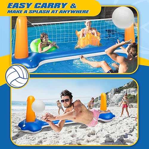 Miniatura 7 de KIDDITOY Juego de voleibol de piscina de 118 pulgadas, cancha de voleibol inflable con 2 bolsas de peso, pelota de PVC y bomba mejoradas, divertidos