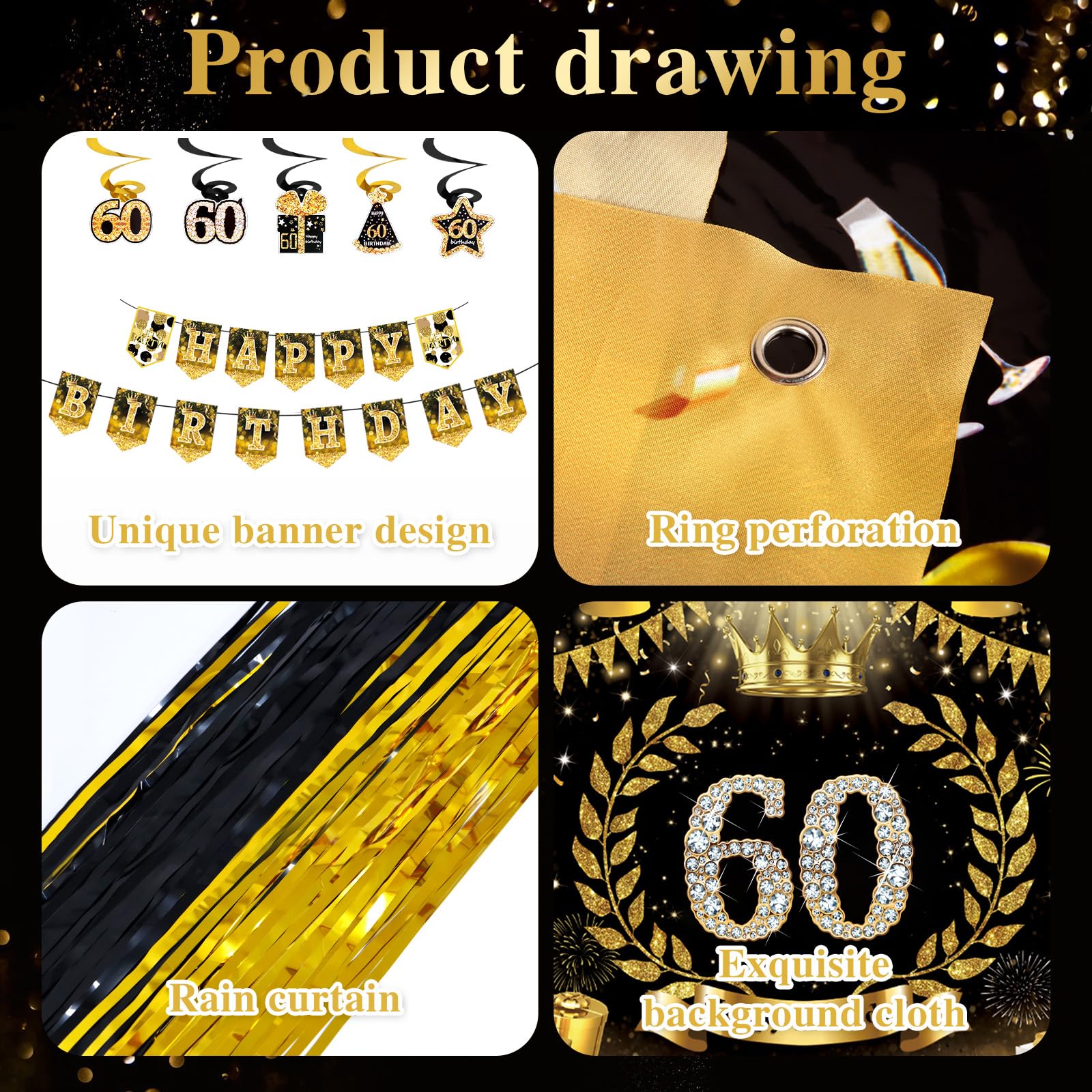 164 piezas de decoraciones de feliz cumpleaños negro y dorado, decoraciones de cumpleaños de fiesta de cumpleaños negro y dorado, suministros de fiesta de feliz cumpleaños para hombres y mujeres,